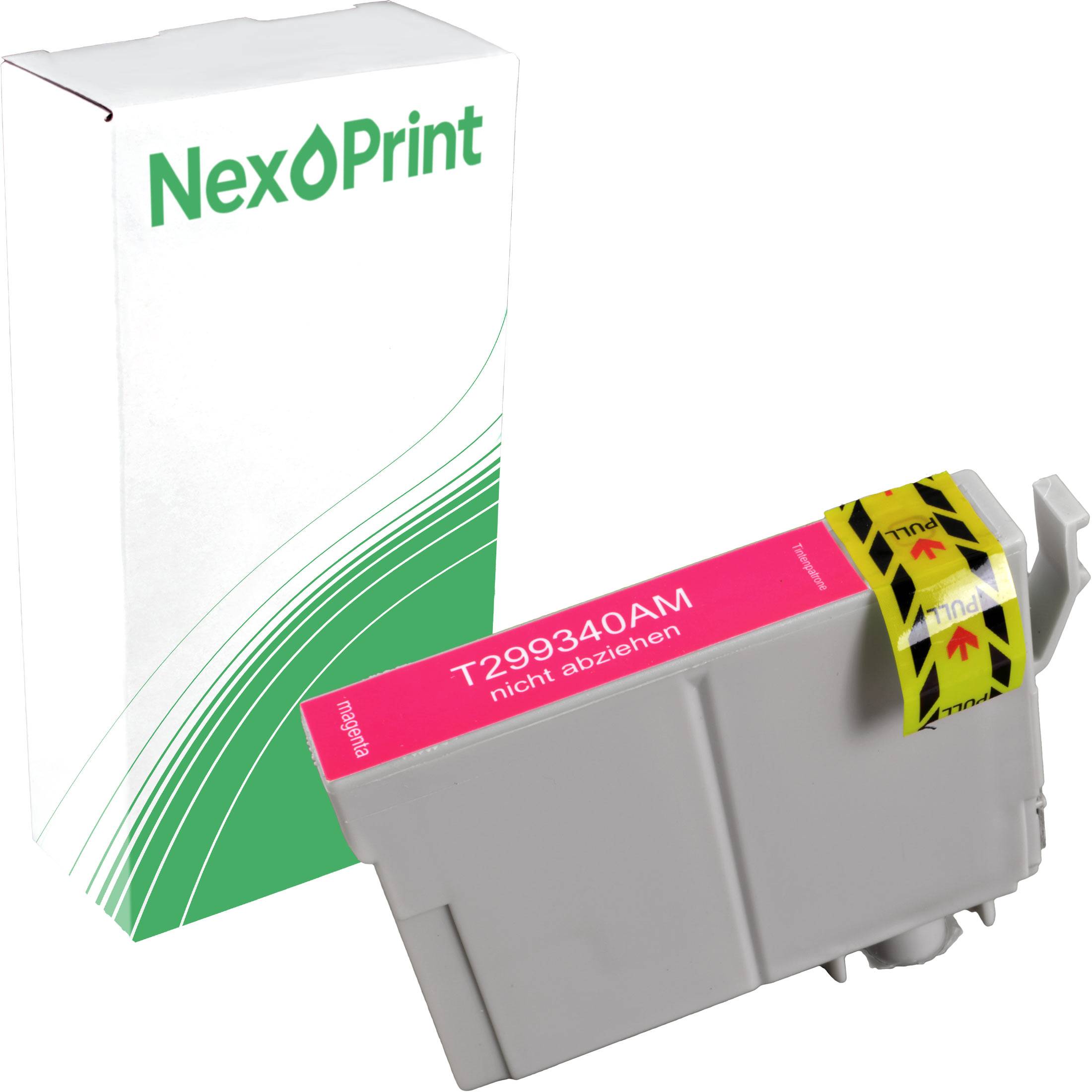 Tintenpatrone und Verpackung mit der Beschriftung 'NexPrint', Modell 'T299340AM', mit Hervorhebung der Marken- und Modelldetails.