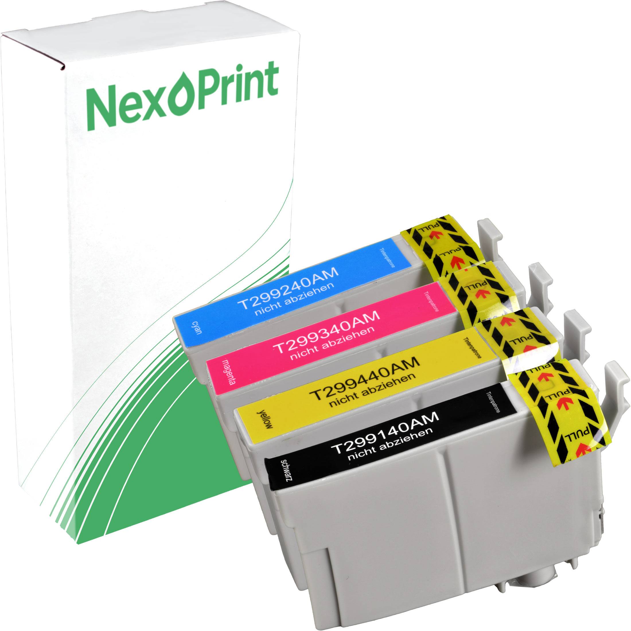 NexPrint' Druckerpatronen in Cyan, Magenta, Gelb, Schwarz, zusammen mit ihrer Verpackung ausgestellt, wobei jede Patrone mit 'nicht abziehen' beschriftet ist.