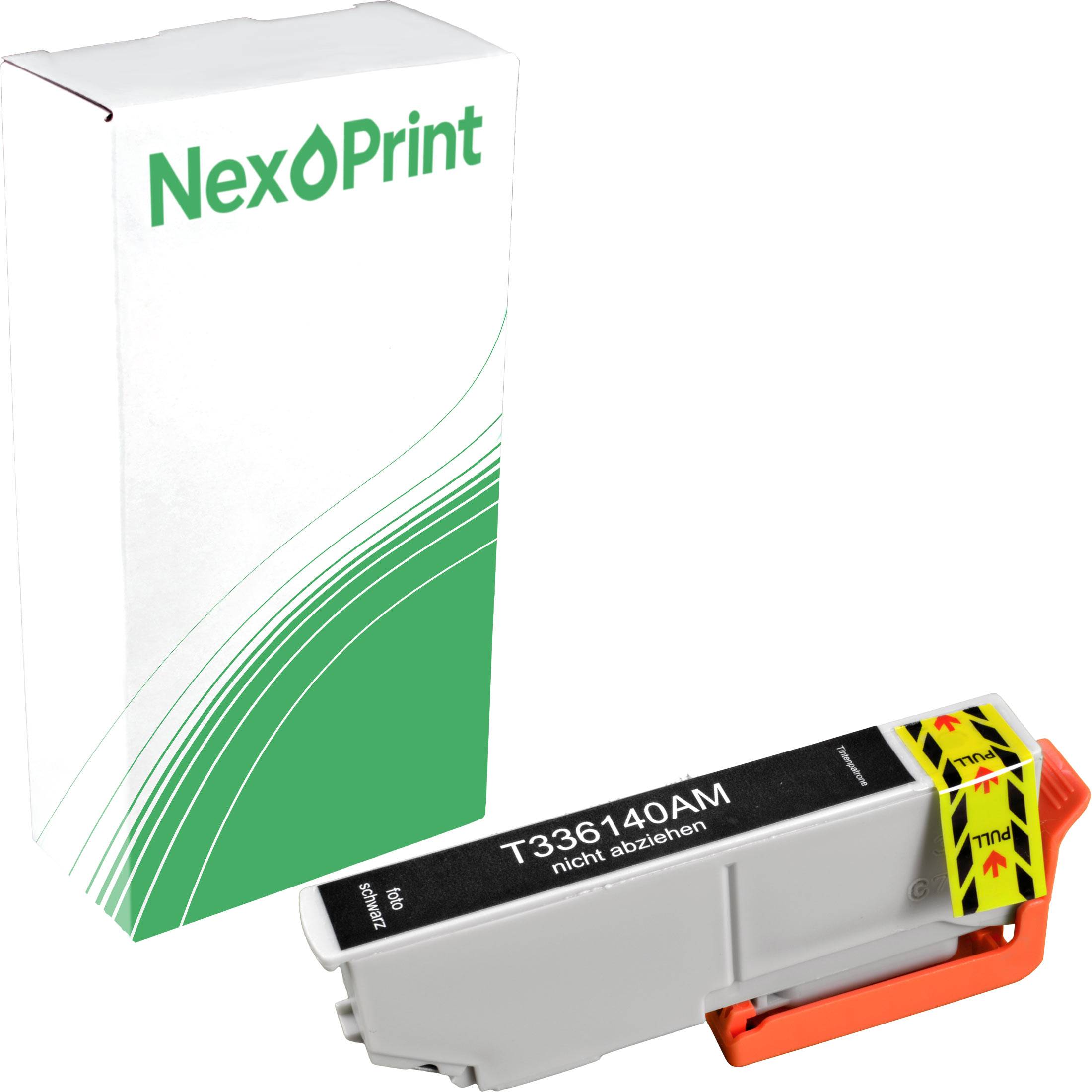 NexPrint-Marken-Tintenpatrone mit der Bezeichnung 'T336140AM', daneben ihre Verpackung mit grün-weißem Design und dem NexPrint-Logo.