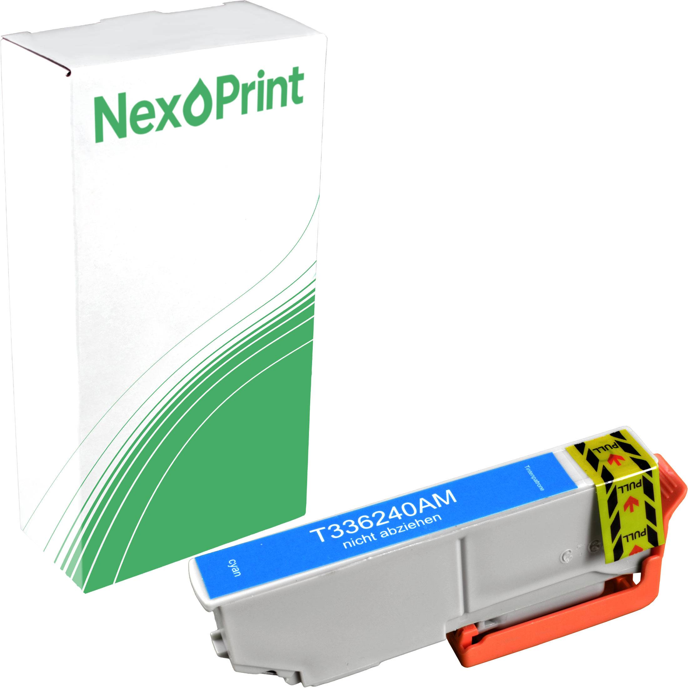 Druckerpatronen neben einer mit 'NexPrint' beschrifteten Box, mit der Modellnummer 'T336240AM' und einer Warnung 'Nicht abziehen' auf dem Etikett.