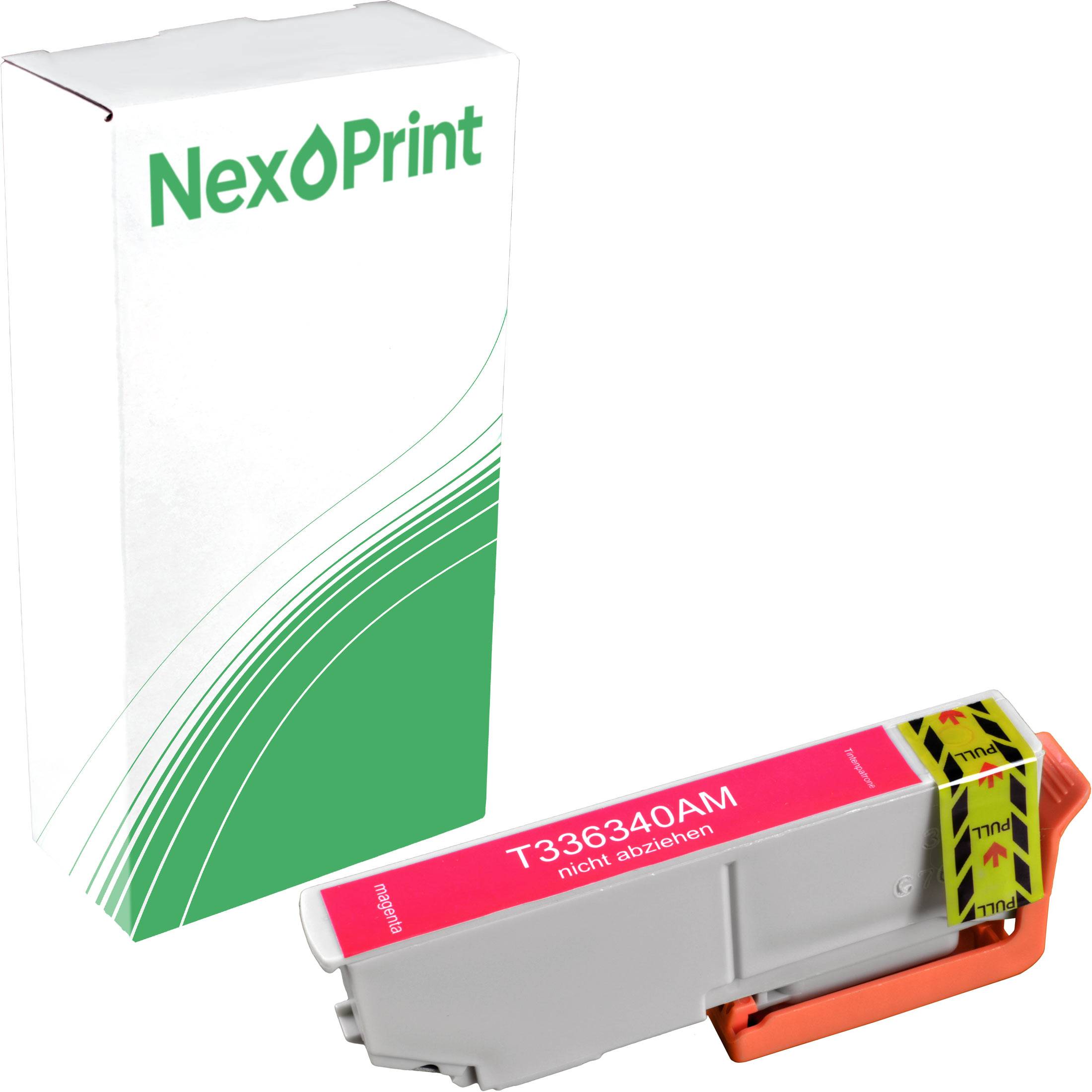 Das Bild zeigt eine NexPrint-Tintenpatrone mit Verpackung. Die Patrone hat ein rosa Etikett, das mit 'T336340AM' und 'nicht abziehen' gekennzeichnet ist.