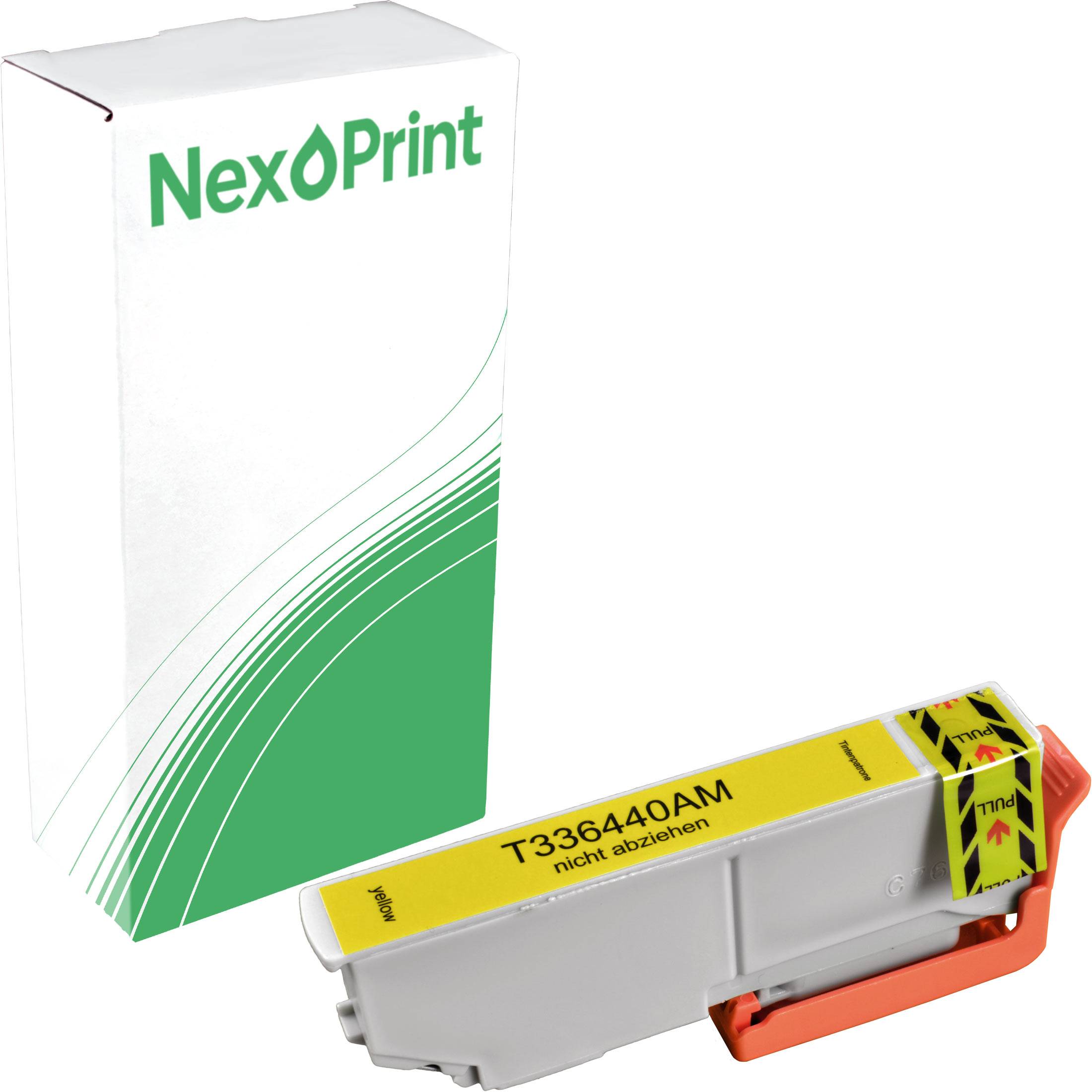 NexPrint'-Tintenpatrone in einer Verpackung und Patrone mit der Bezeichnung 'T336440AM', mit Gelbmarkierung.