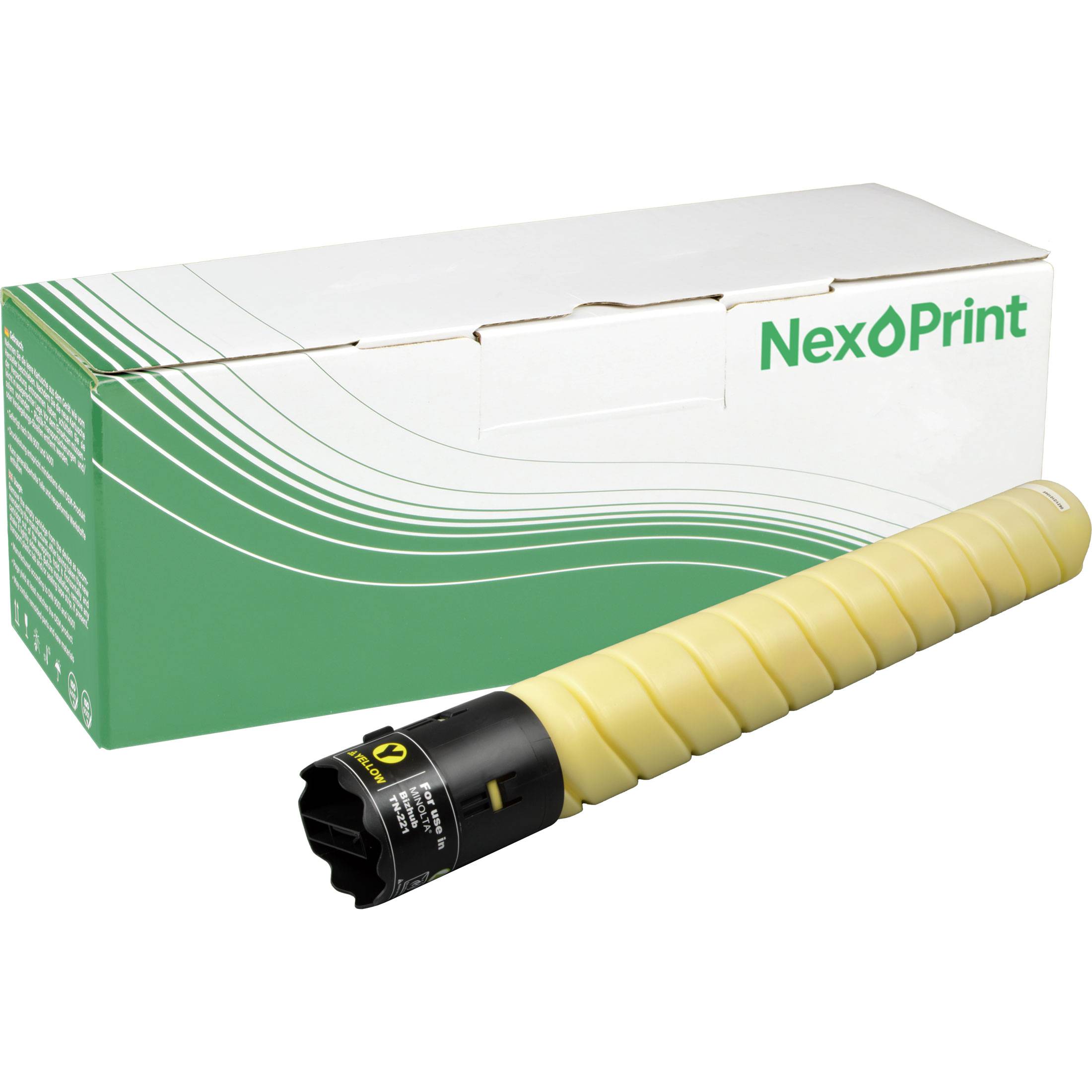 Eine grüne und weiße NexPrint-Tonerkartuschenschachtel neben einem zylindrischen gelben Toner.