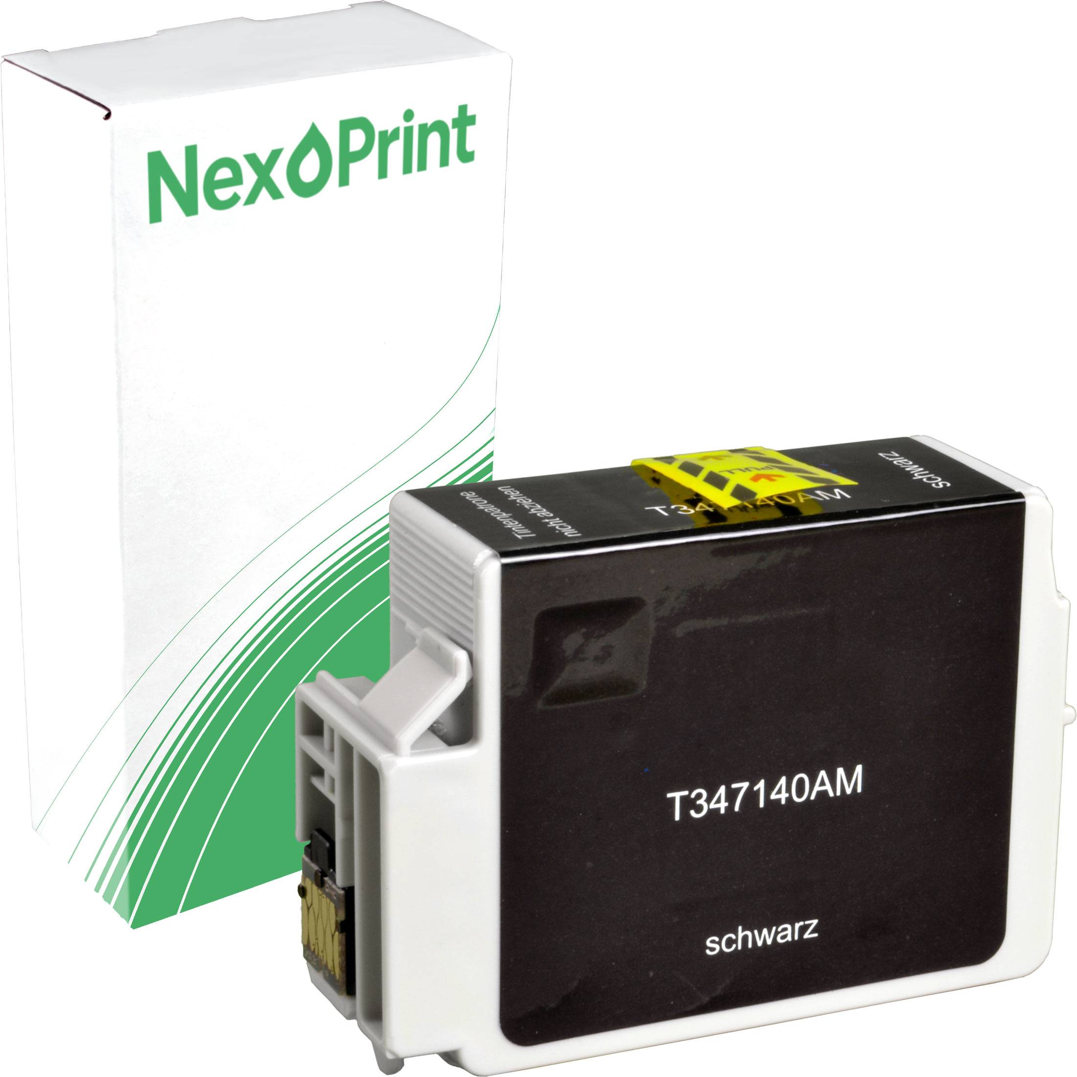 Schwarze Tintenpatrone 'T347140AM' neben einer Schachtel mit der Aufschrift 'NexoPrint', geeignet für Drucker.