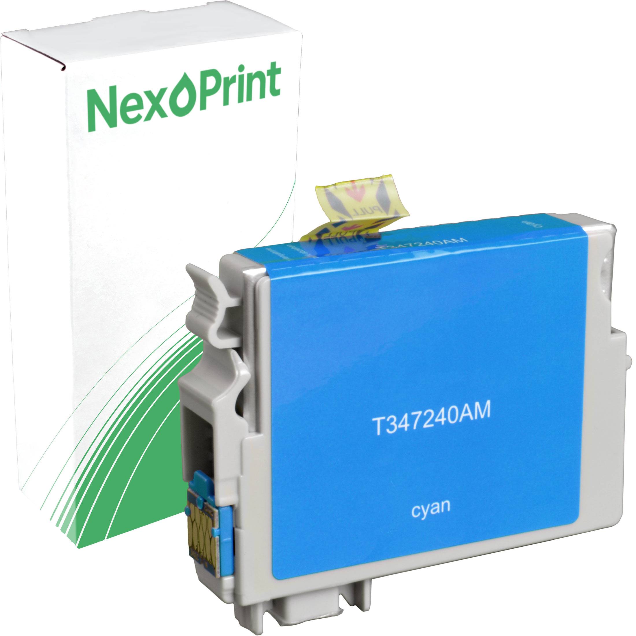 Cyan-Tintenkartusche mit der Bezeichnung 'T347240AM', deren Verpackung das Logo von 'NexoPrint' trägt.