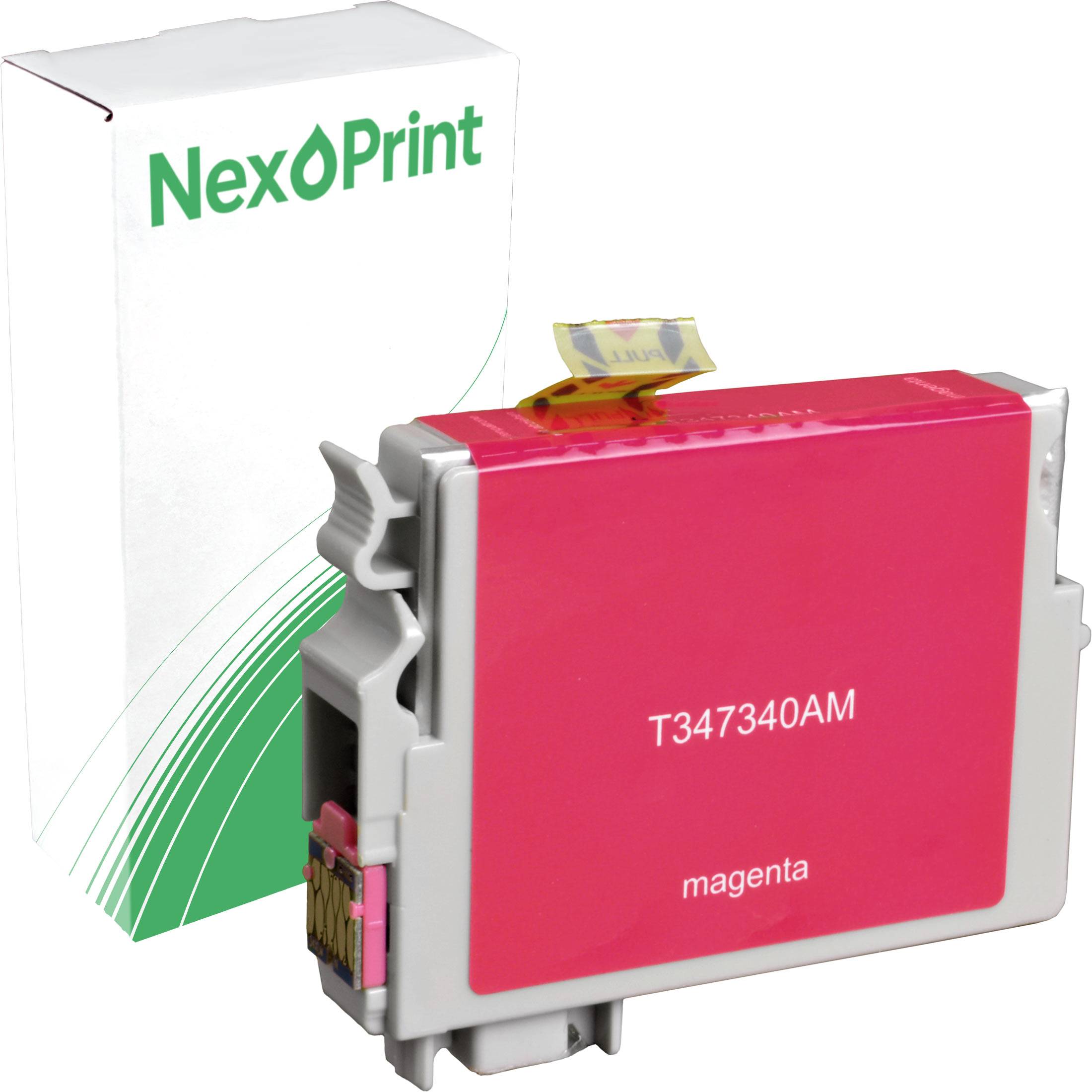 Magenta-Druckerpatronen von NexPrint, Modell T347340AM, mit Verpackung im Hintergrund.