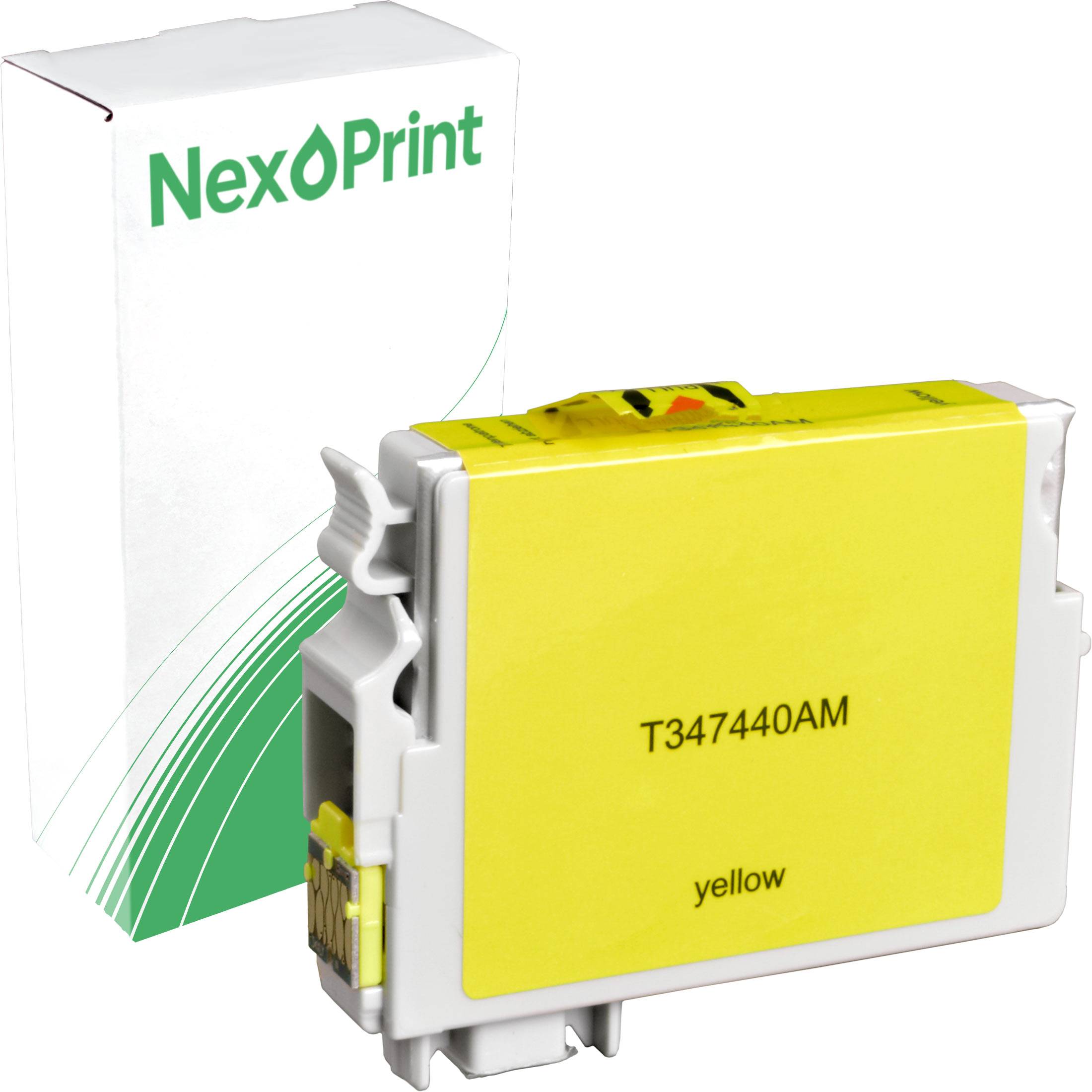 Gelbe Druckerpatrone mit der Bezeichnung 'T347440AM' neben einer weiß-grünen NexPrint-Verpackung.