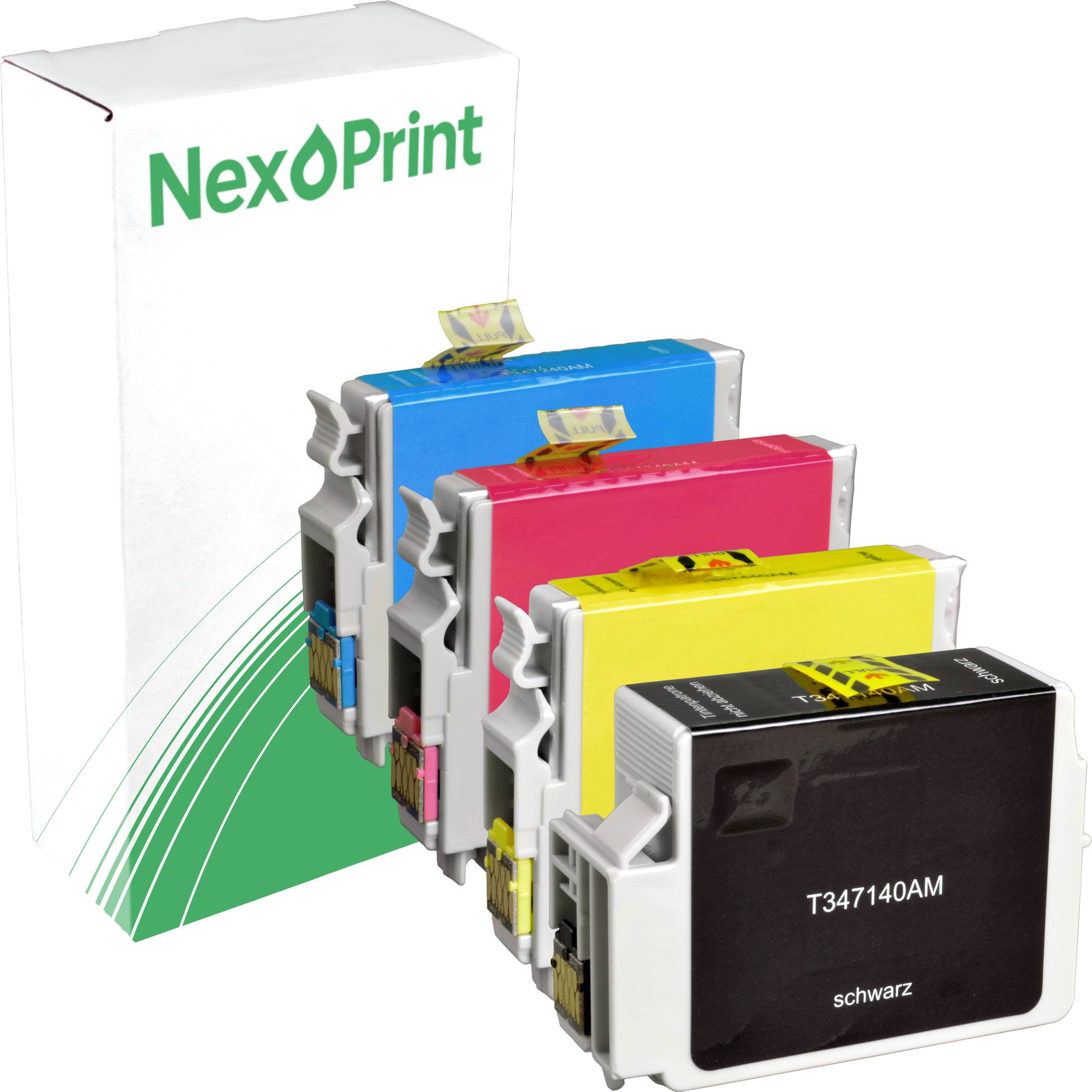Vier mehrfarbige Tintenpatronen in Cyan, Magenta, Gelb und Schwarz vor einer NexPrint-Verpackung.