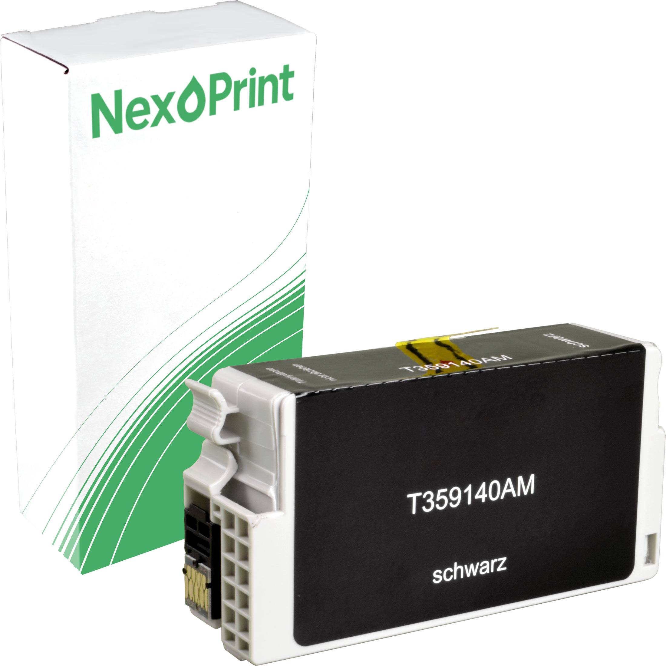 Tintenpatrone mit der Bezeichnung 'T359140AM schwarz' neben einer Verpackung der Marke 'NexPrint'.