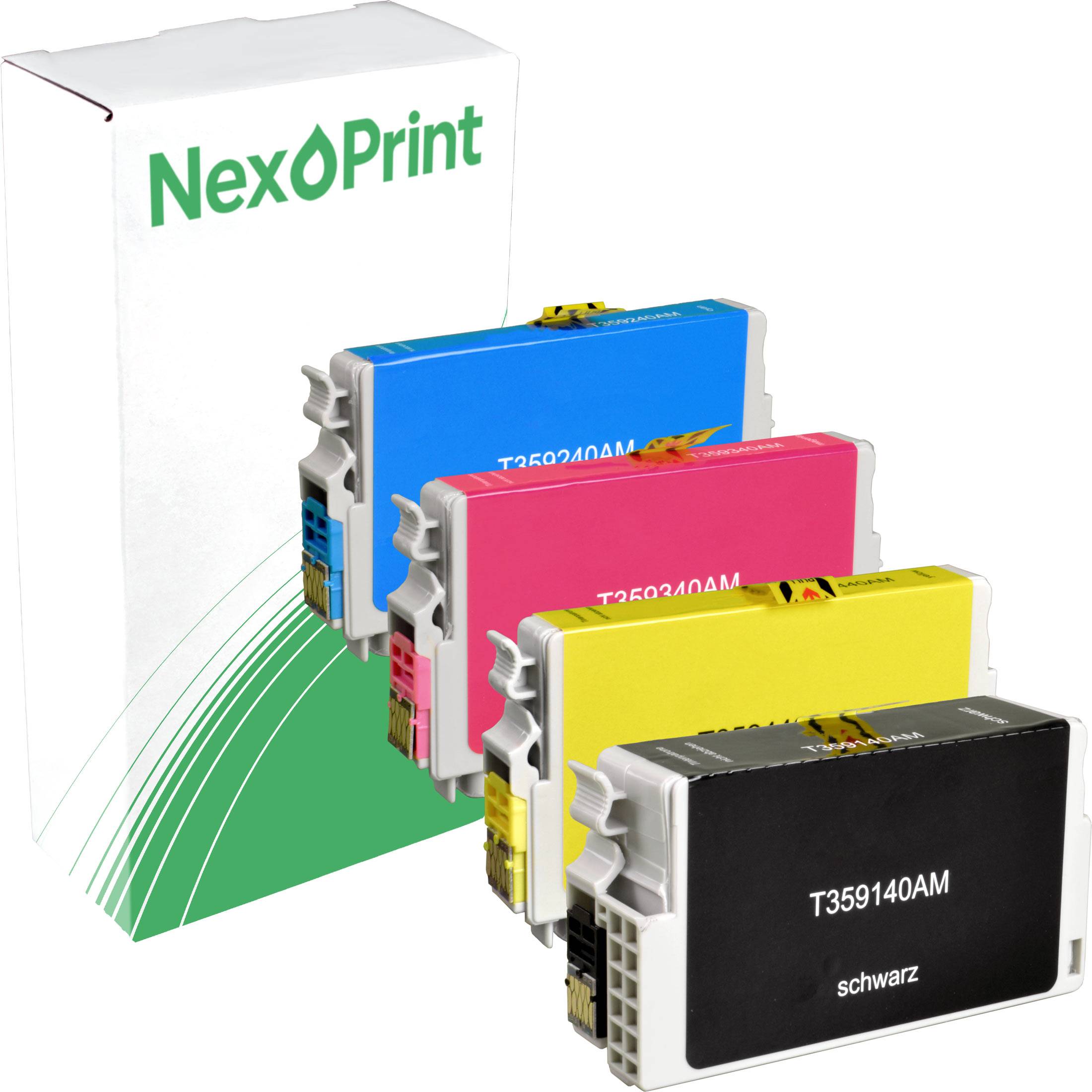 Cyan-, Magenta-, Gelb- und Schwarzpatronen der Marke 'NexPrint' mit einer weißen Box im Hintergrund.