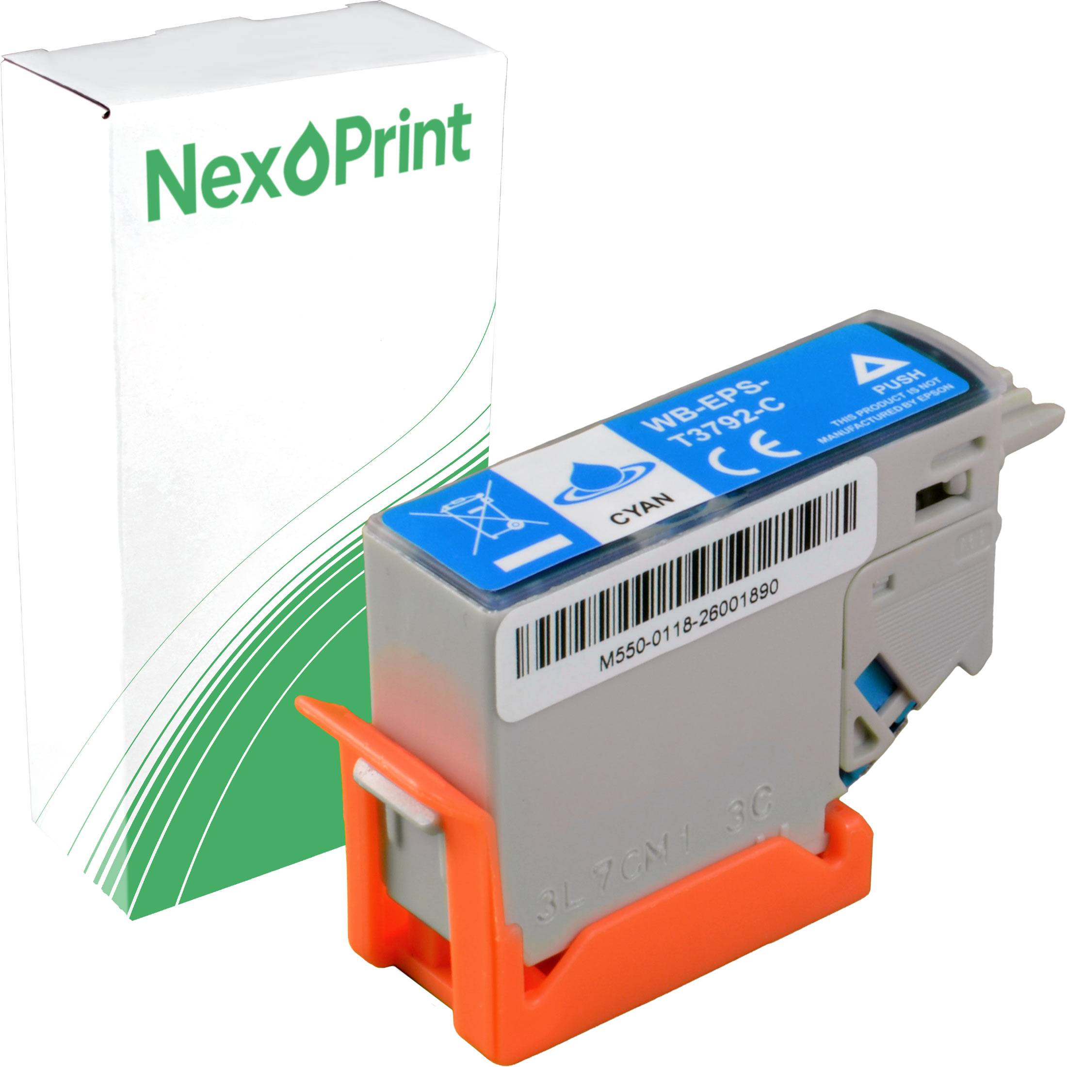 NexPrint' Cyan-Druckerpatrone mit Verpackung und Patrone. Die Schachtel ist weiß mit grünen Designelementen. Die Patrone ist grau mit einer blauen Oberseite.