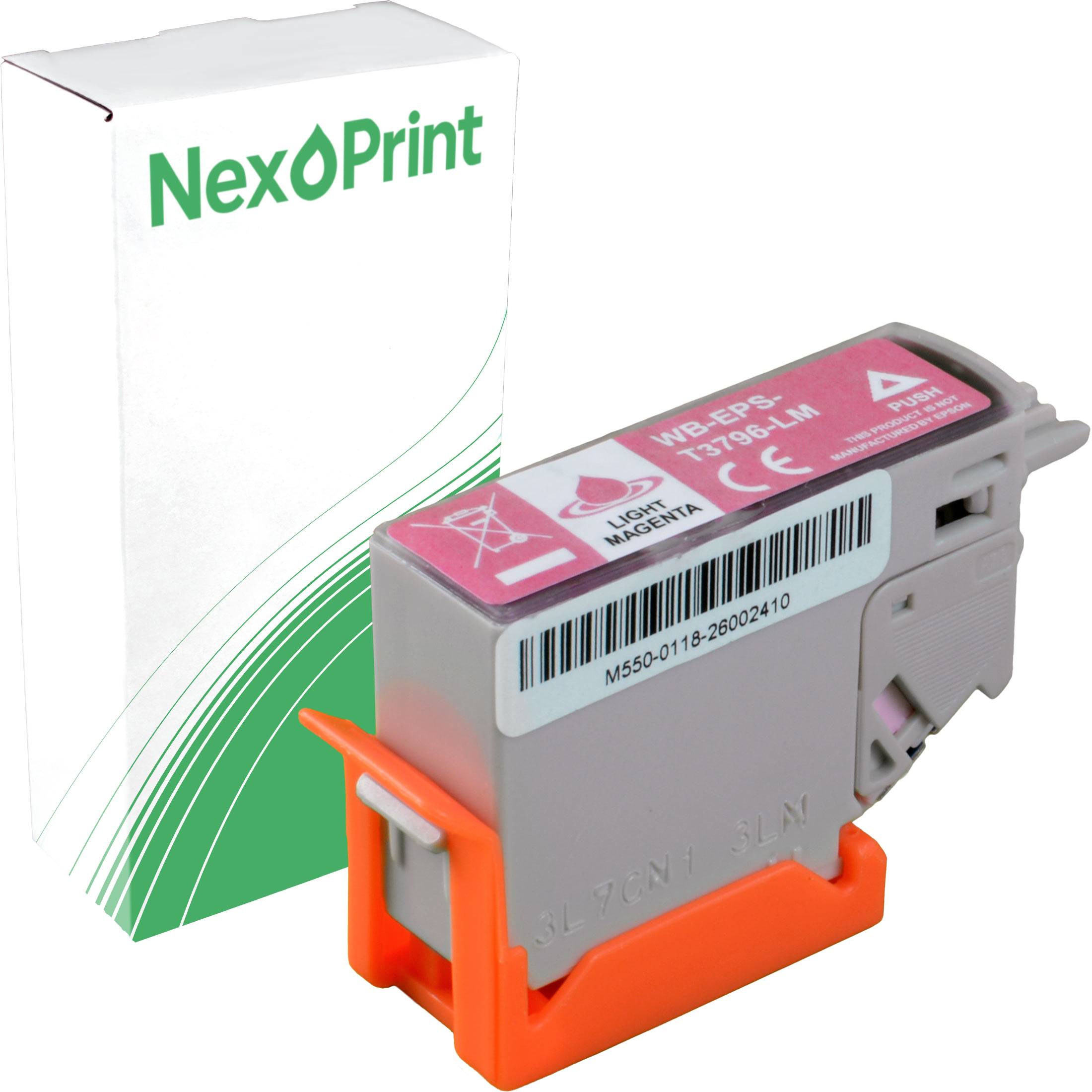 Tintenpatrone in Grau und Rosa, beschriftet mit ‚LIGHT MAGENTA', in einem hellorangefarbenen Halter platziert, mit einer weißen Box mit der Aufschrift ‚NexPrint' im Hintergrund.