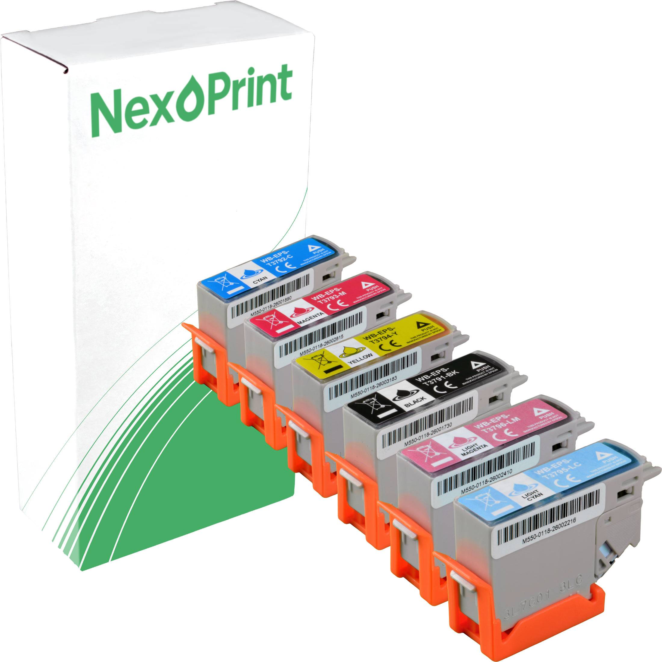 Tintenpatronen in Cyan, Magenta, Gelb und Schwarz vor einer weißen Box mit der Aufschrift 