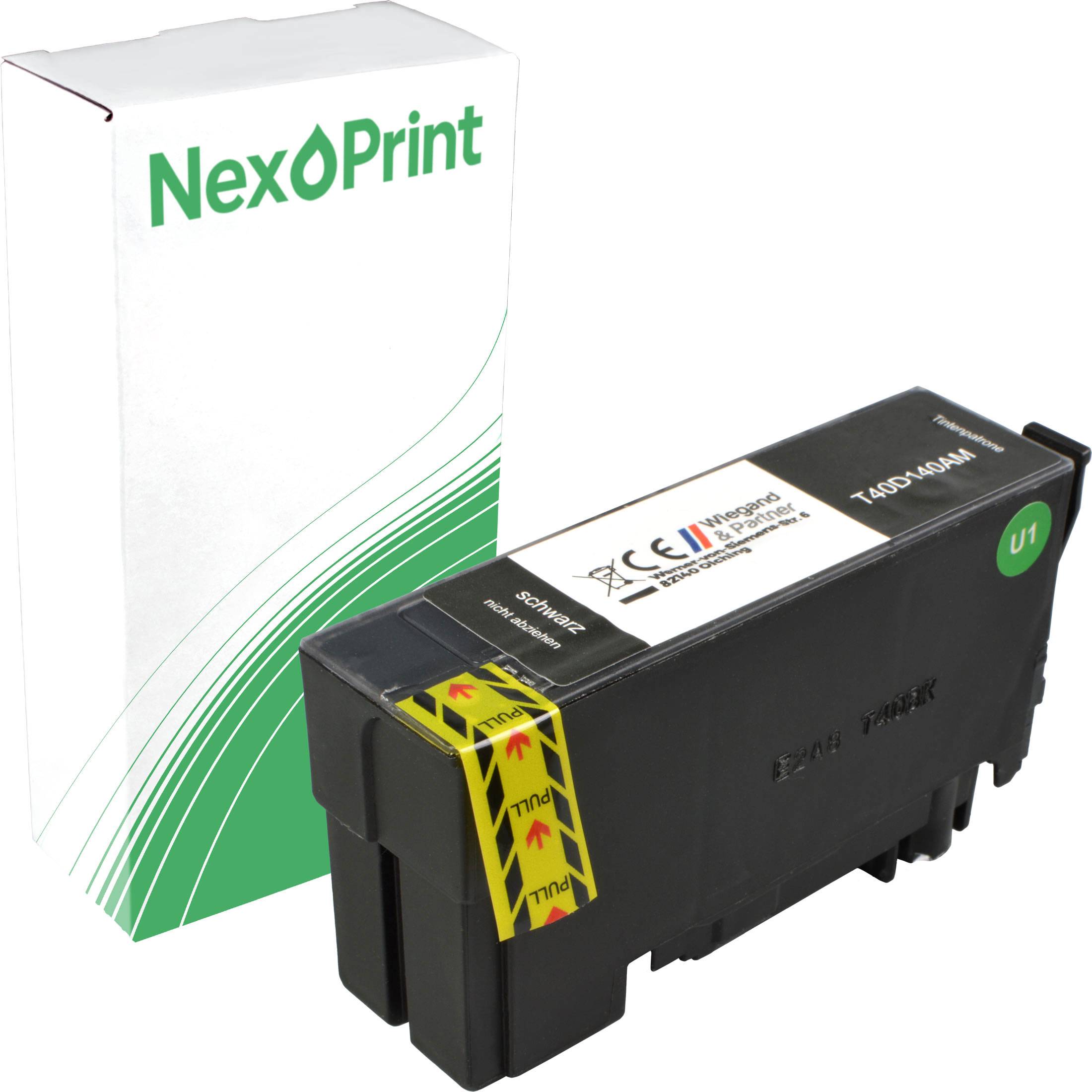 NexPrint-Tintenpatrone und -Verpackung mit Branding, die eine schwarze Patrone mit dem Modell „T400-Yellow