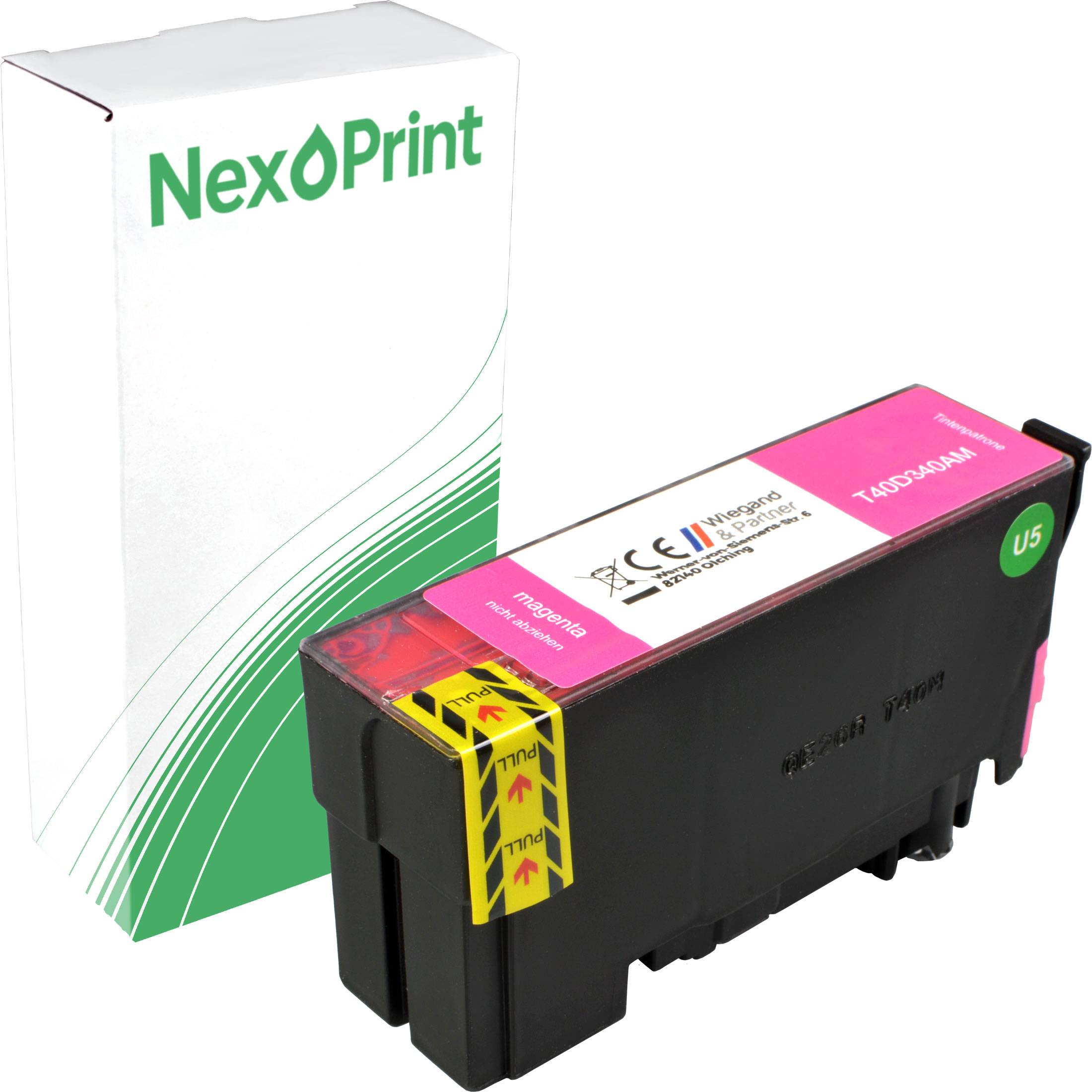 Das Bild zeigt eine magentafarbene Druckerpatrone der Marke NexPrint neben ihrer weiß-grünen Verpackungsschachtel.