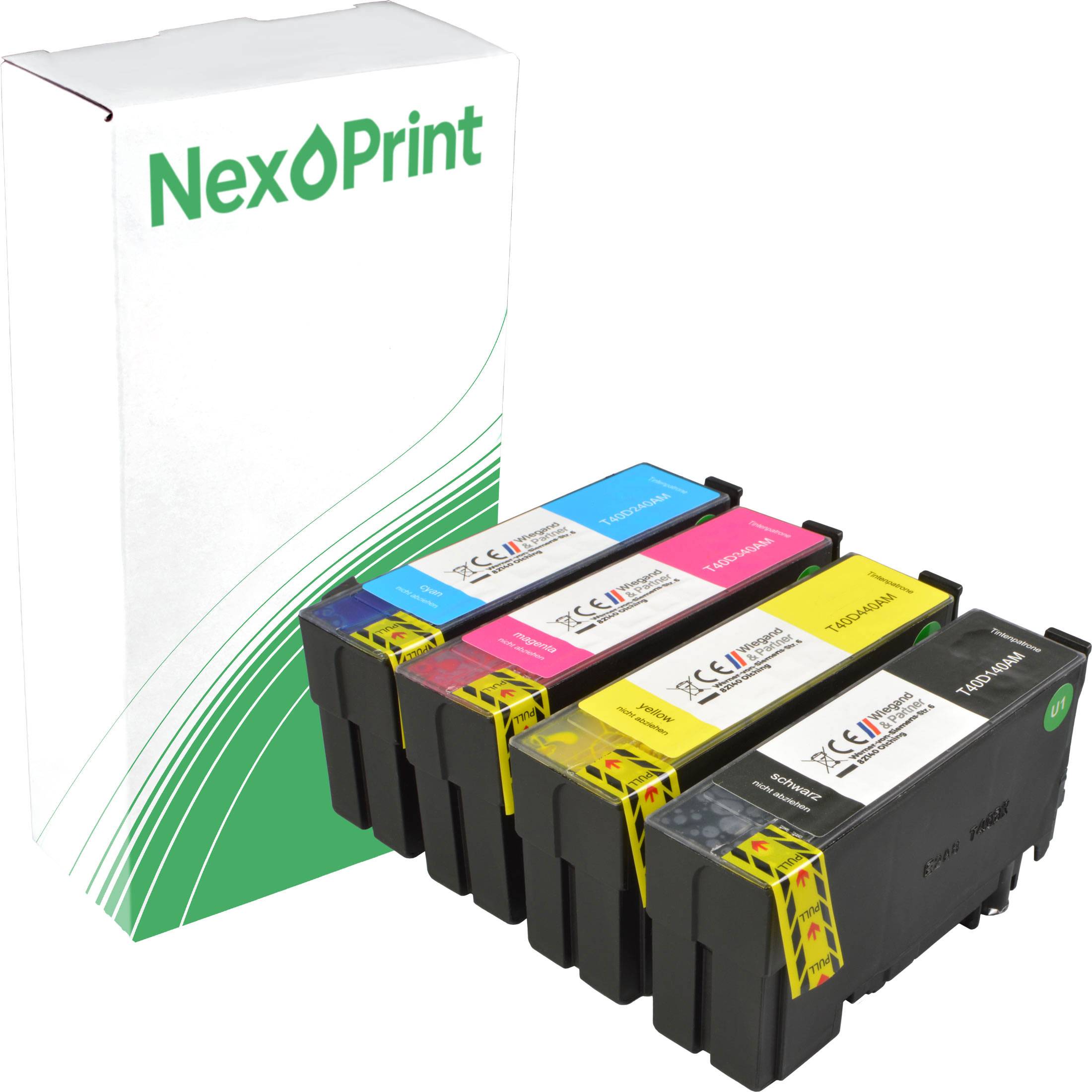 Satz von vier NexPrint-Tintenpatronen in Cyan, Magenta, Gelb und Schwarz, mit einer weiß-grünen NexPrint-Verpackungsbox im Hintergrund.