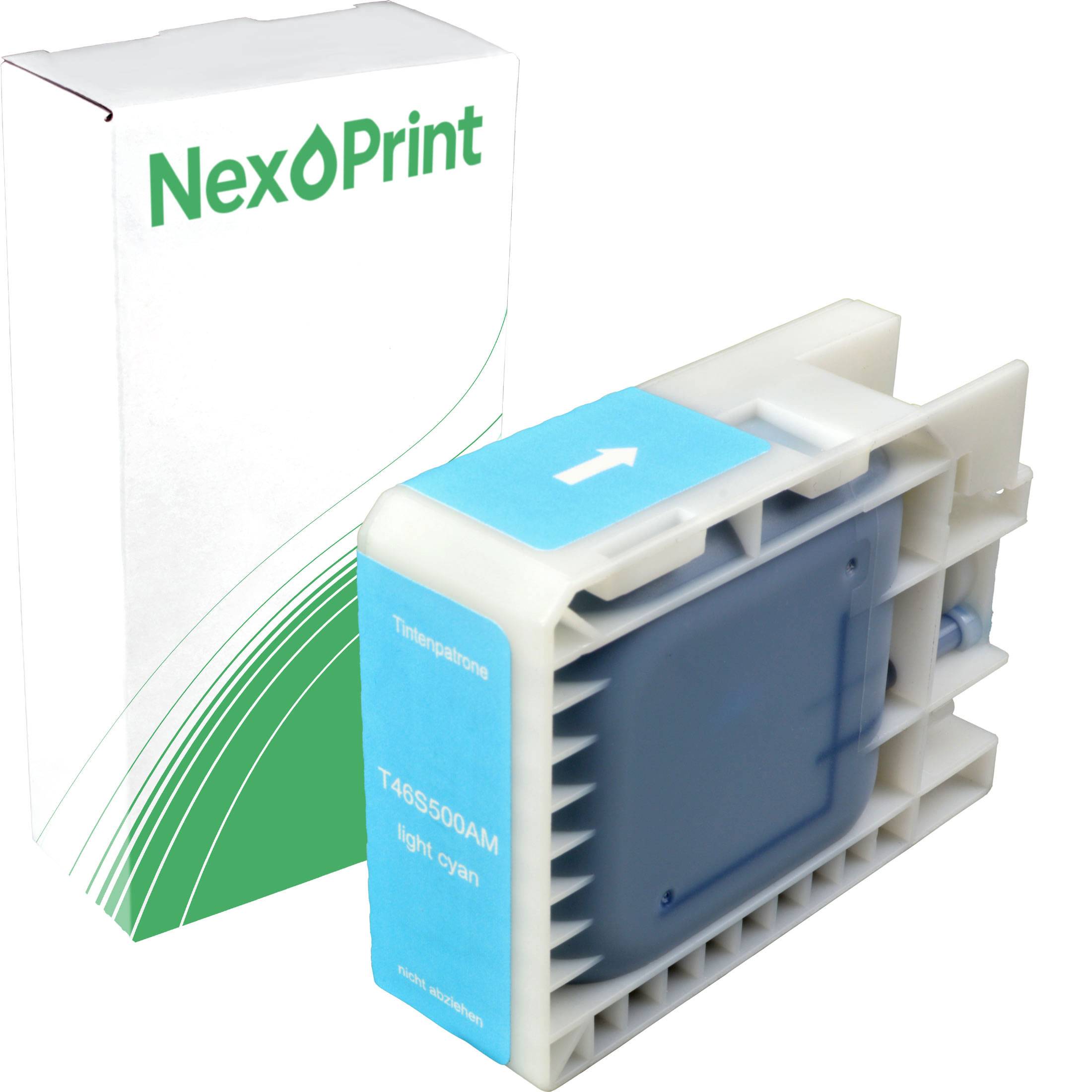 Hellcyan-Tintenpatrone von NexPrint, Modell T485500AM, gezeigt neben ihrer weiß-grünen Verpackung.