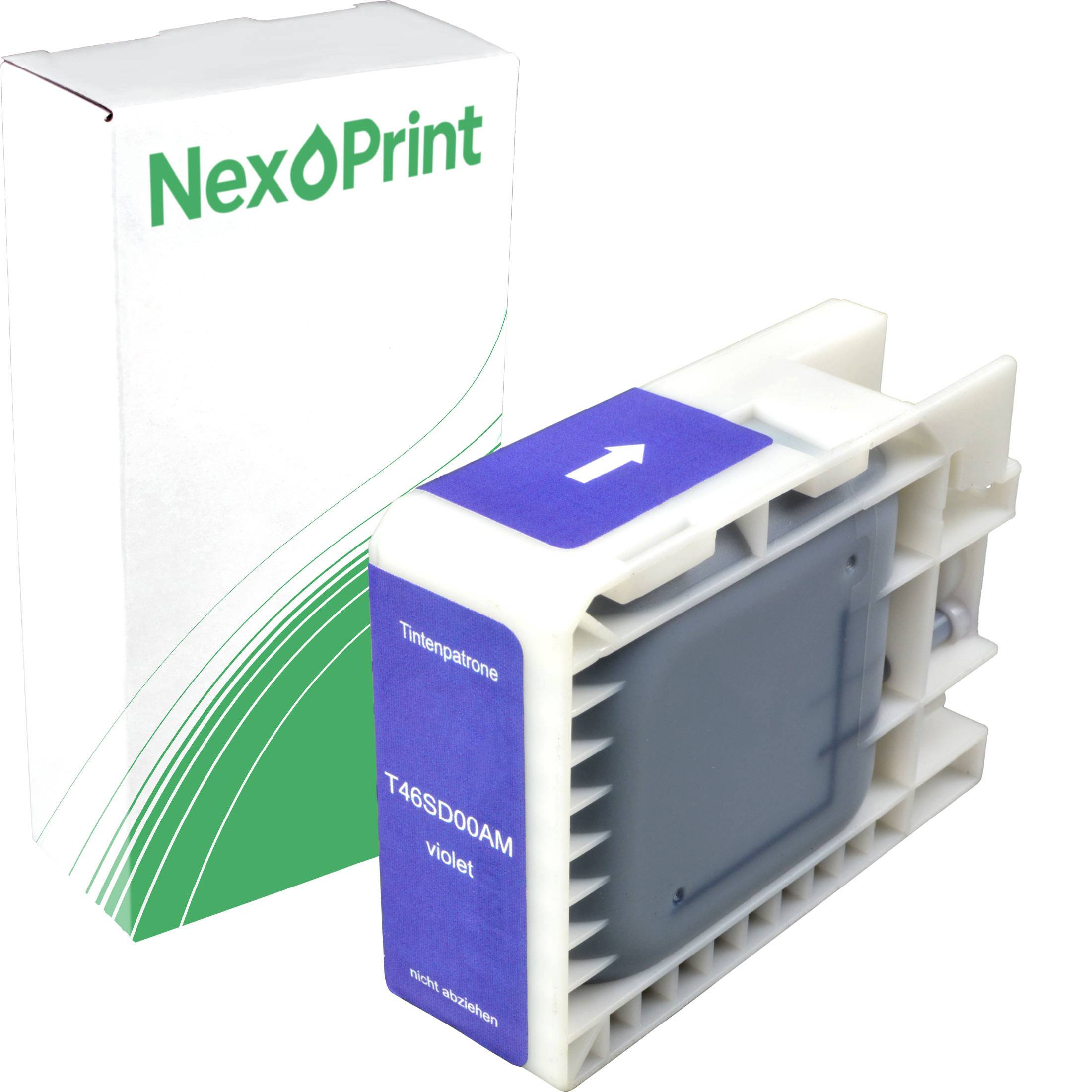 Druckerpatronen-Tintenkartusche, violette Farbe, für Marke NexPrint. Schachtel mit grünem Design und Produktinformation dargestellt: T46SD00AM.