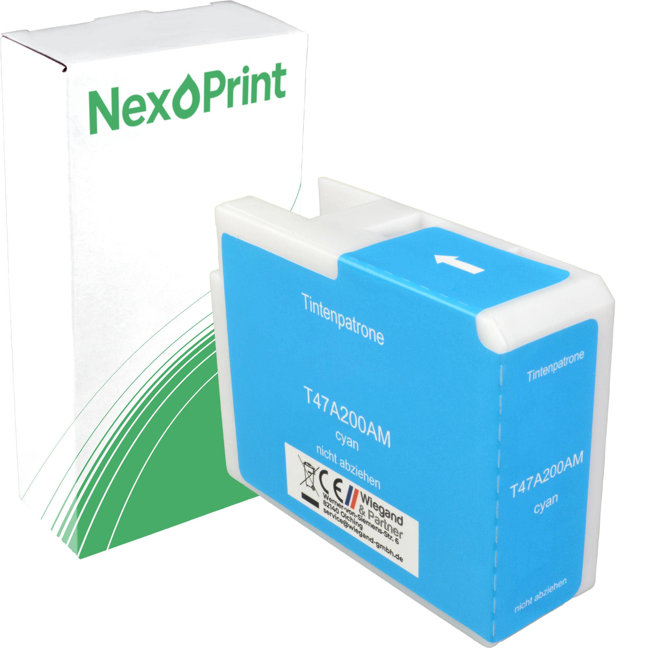 Ein Tintenpronenkartuschengehäuse aus Cyan-Farbe mit der Beschriftung „NexPrint Tintenpatrone T47A200AM Cyan