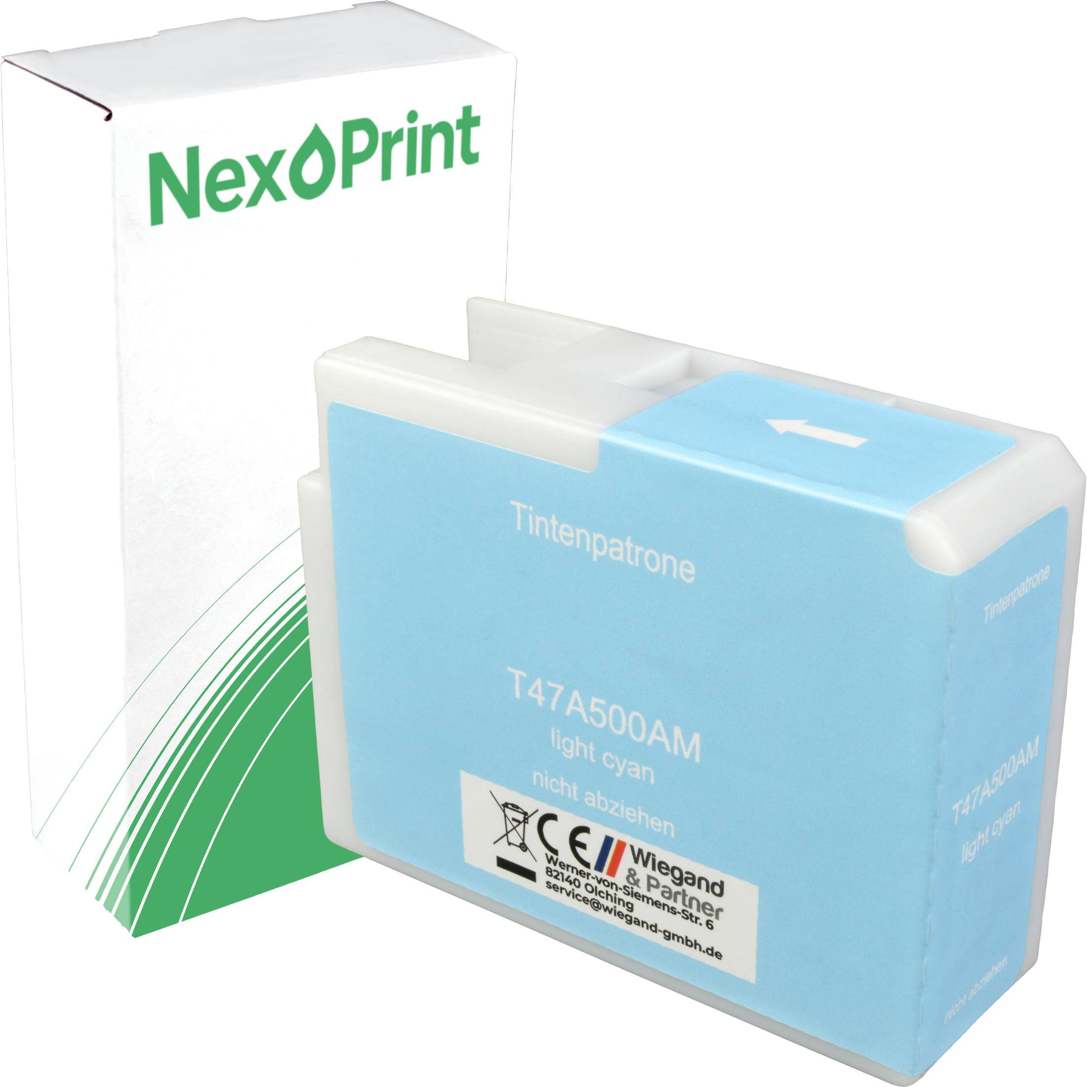 Das Bild zeigt eine NexPrint-Tintenpatronenbox und eine separate Tintenpatrone mit der Bezeichnung 