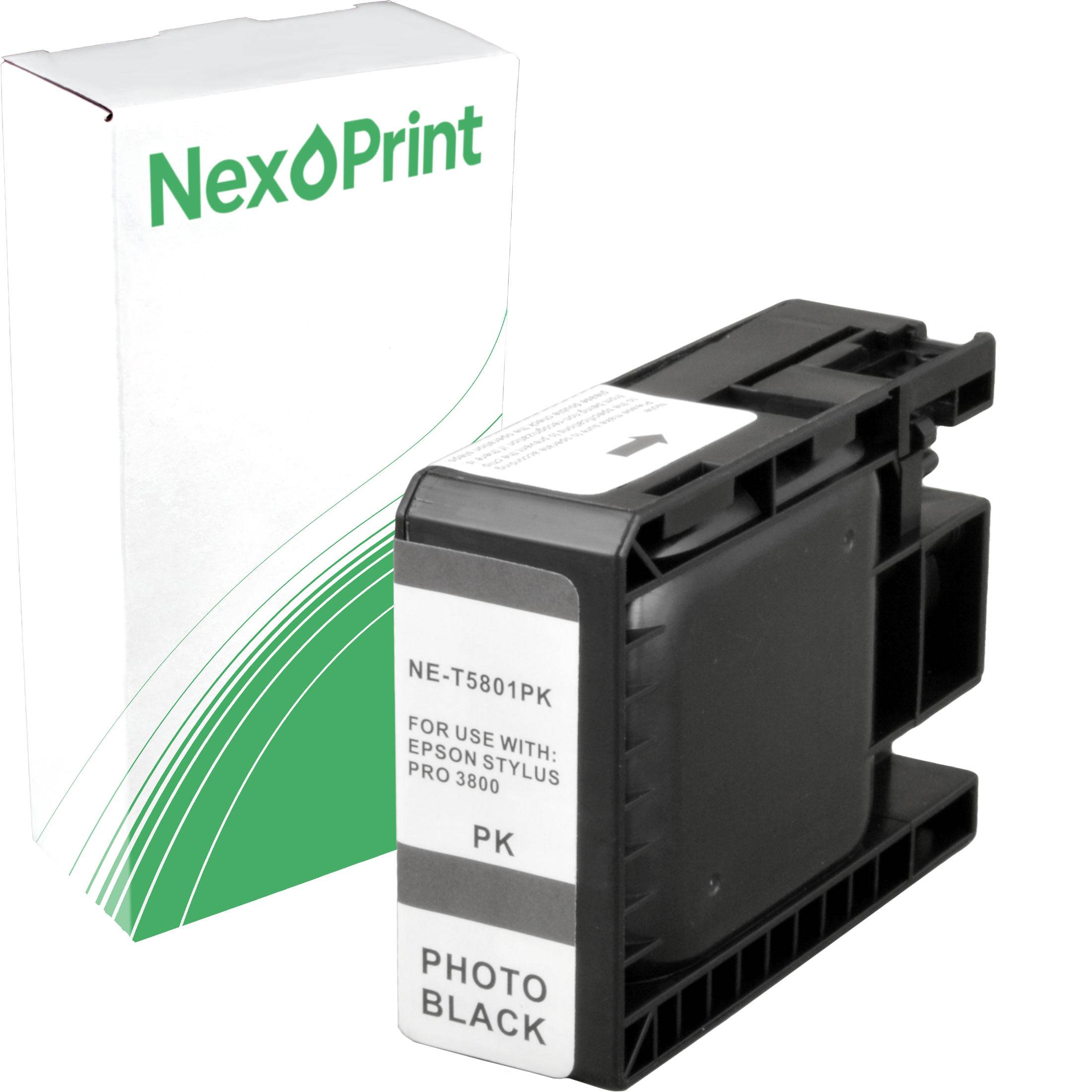 Epson Stylus Pro 3800 kompatibler Foto-Schwarz-Tintenpatrone neben einer weißen und grünen NexPrint-Box.