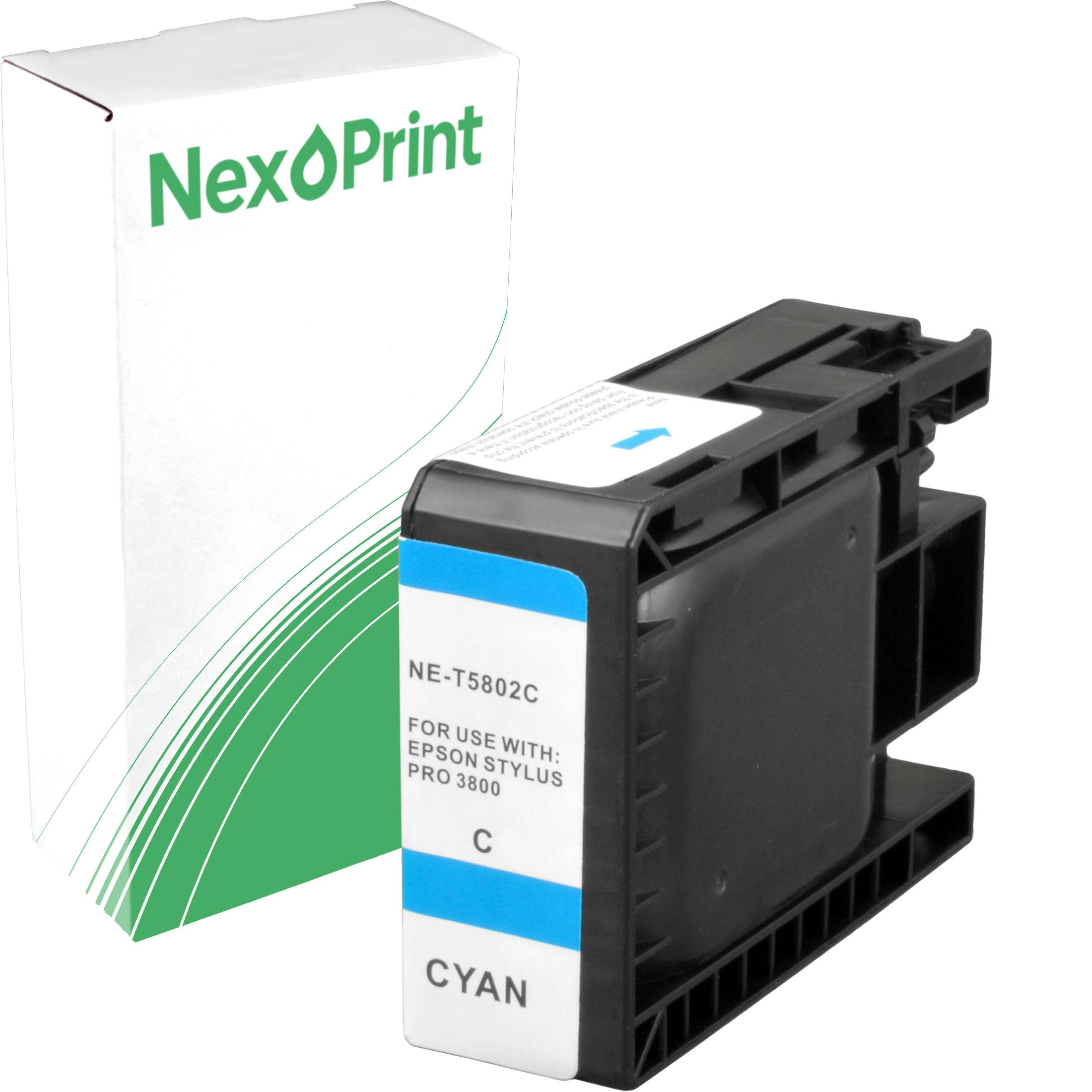 Cyan-Tintenpatrone mit der Bezeichnung 'NE-T5802C' für den 'Epson Stylus Pro 3800', verpackt mit der 'NexoPrint'-Markenidentität.
