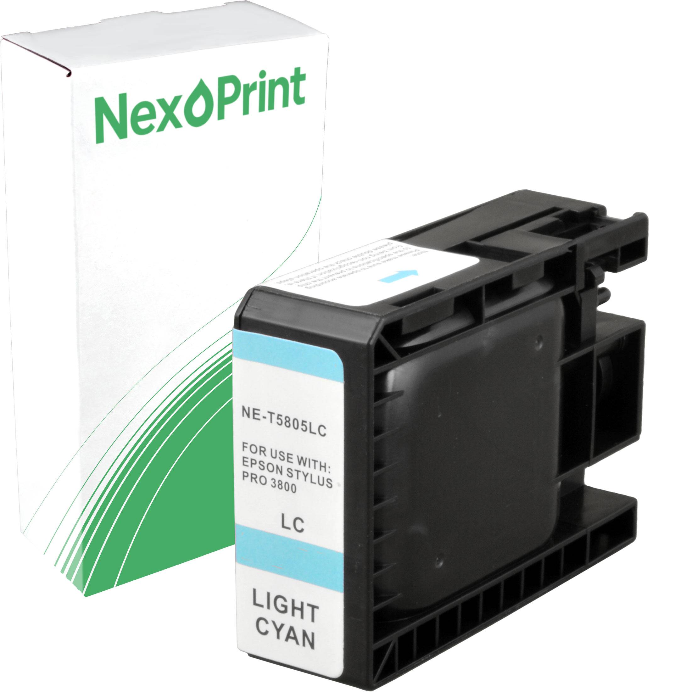 Hellcyan-Tintenpatrone von NexoPrint für Epson Stylus Pro 3800, neben ihrer Verpackung gezeigt. Die Verpackung ist weiß mit grünen Akzenten.