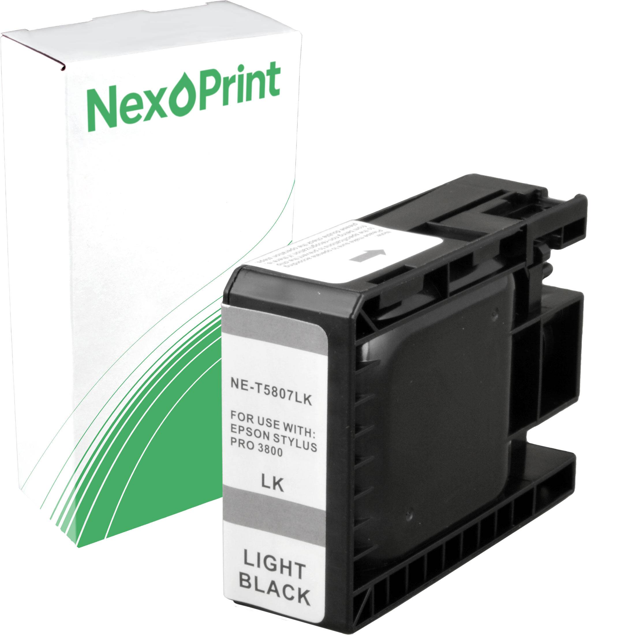NexPrint Tintenpatrone Karton und Behälter, gekennzeichnet als 'Hellschwarz', kompatibel mit Epson Stylus Pro 3800 Drucker.