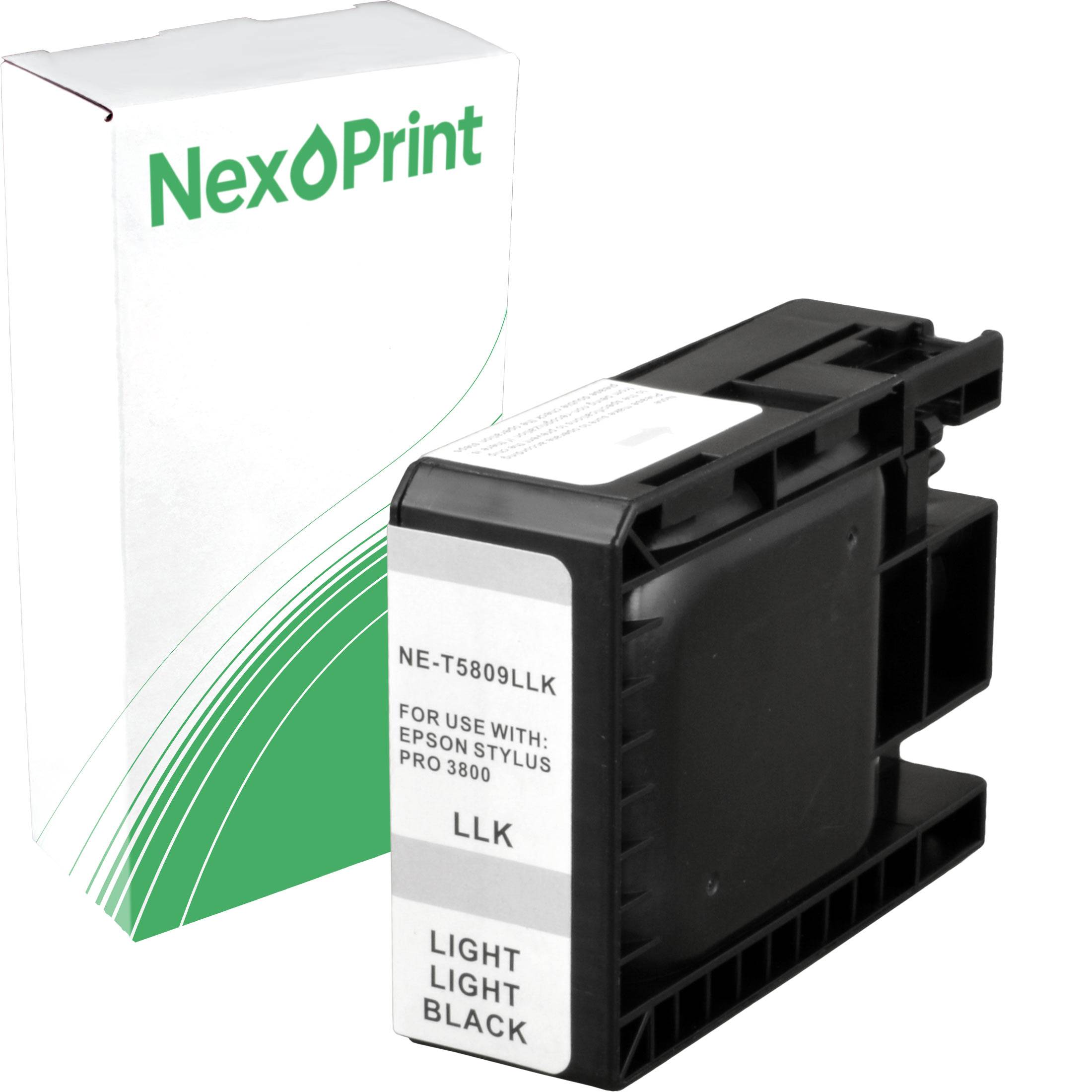 Ein hellgraues Tintenpatronenlicht mit schwarzer Tinte, kompatibel mit dem Epson Stylus Pro 3800 Drucker, der von der Marke 'NexPrint' hergestellt wird, vor der Verpackungsbox.