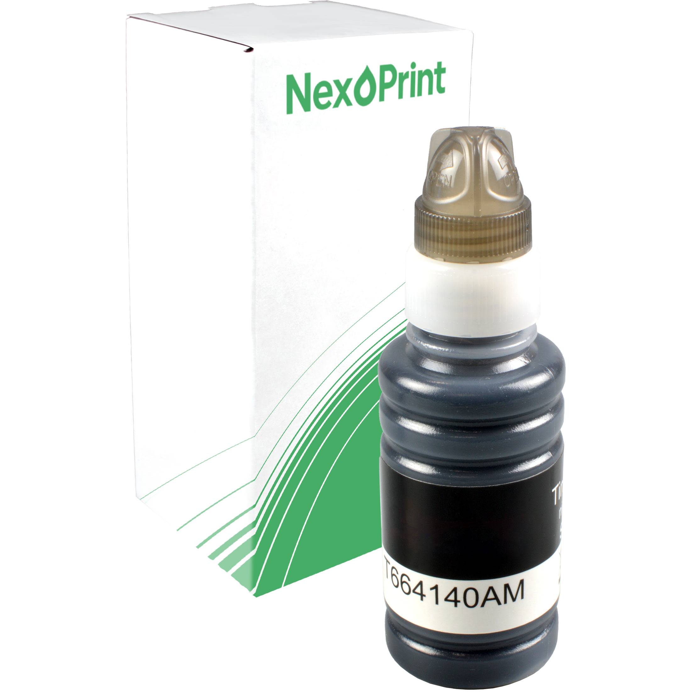 Schwarze Tintenflasche der Marke 'NexPrint' mit Verpackung; geeignet für Drucker, Heimanwendung und Bürogebrauch.