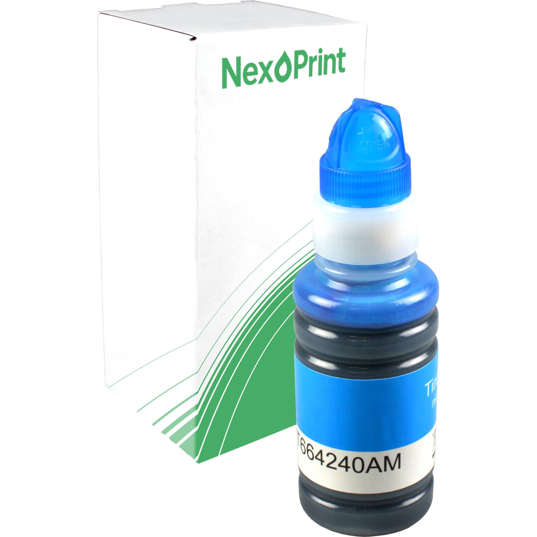 Eine blaue Tintenflasche mit der Beschriftung '664240AM', daneben eine Schachtel mit der Aufschrift 'NexPrint', die auf der unteren Hälfte grüne Schwungdesigns aufweist.