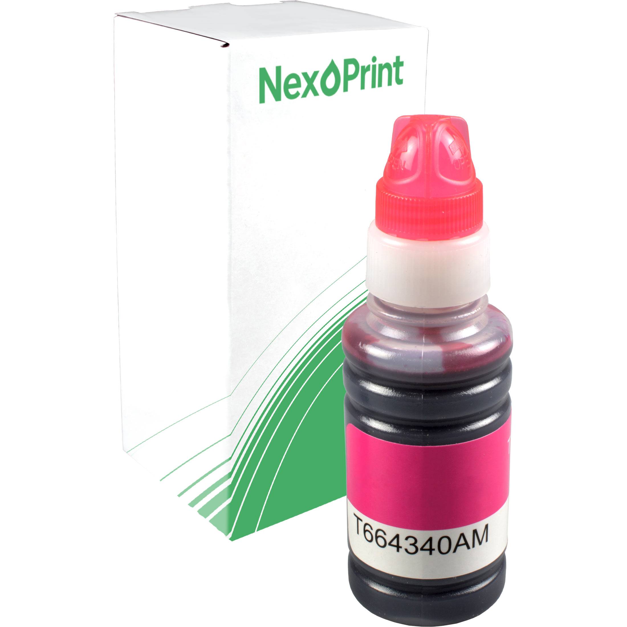Tintenflasche mit rosa Deckel, beschriftet mit 'T664340AM', vor einer 'NexPrint' markierten Box.