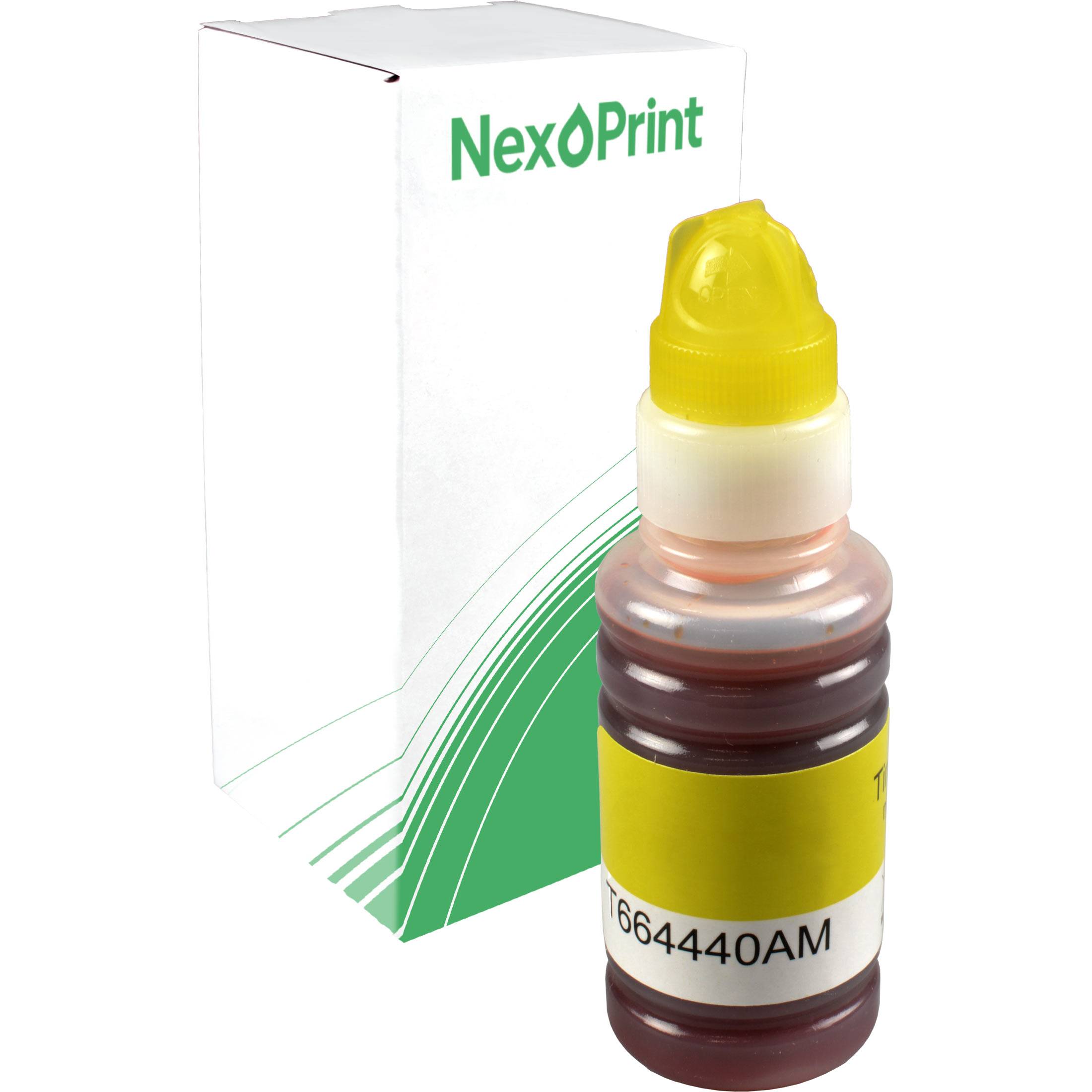 Eine Flasche NexPrint Druckertinte mit einem gelben Deckel, die mit '66440AM' beschriftet ist und vor ihrer Verpackungsbox mit dem NexPrint-Logo platziert ist.