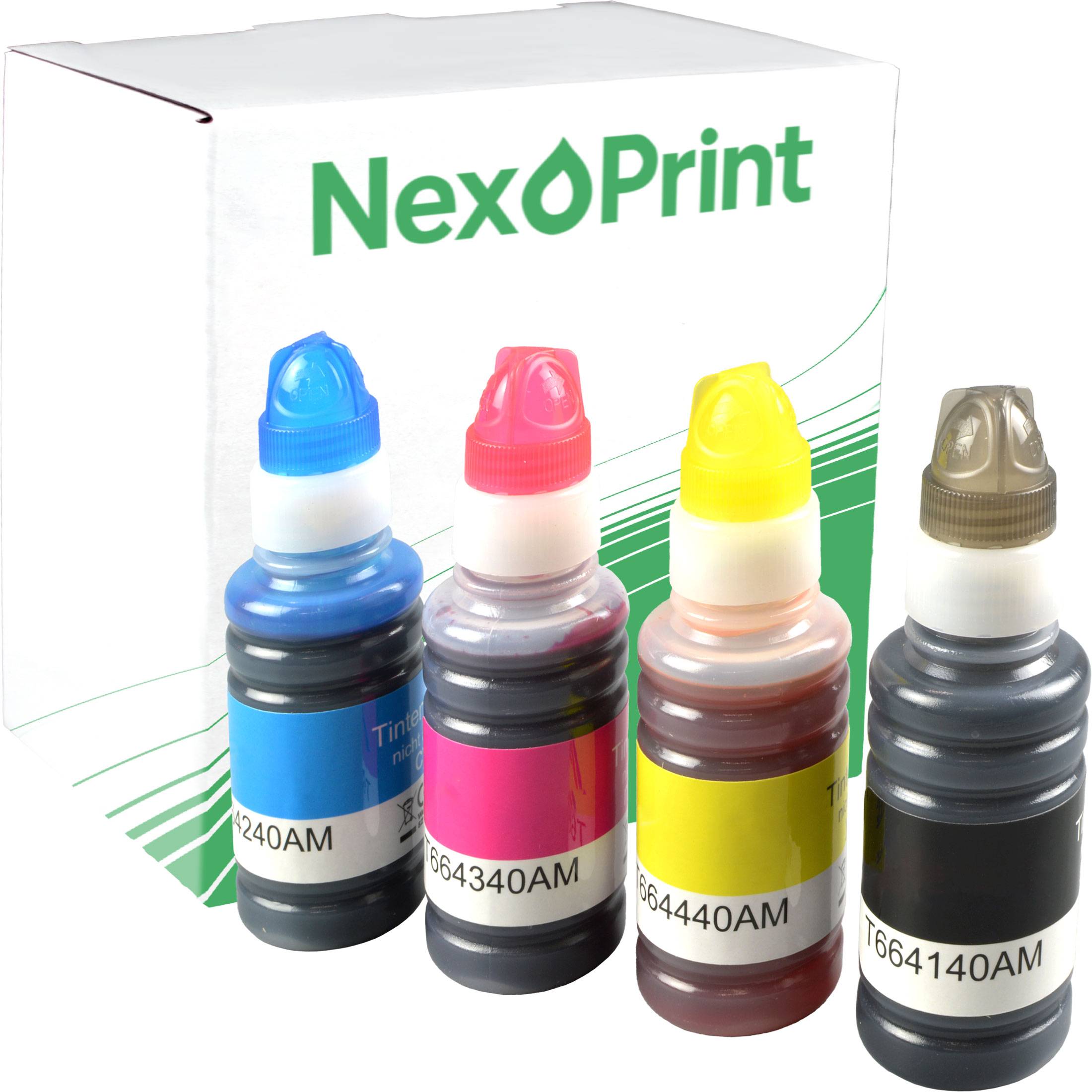 Eine 'NexoPrint' Markenbox mit vier farbigen Tintenflaschen: blau, pink, gelb und schwarz, wobei jede mit Produktcodes beschriftet ist.