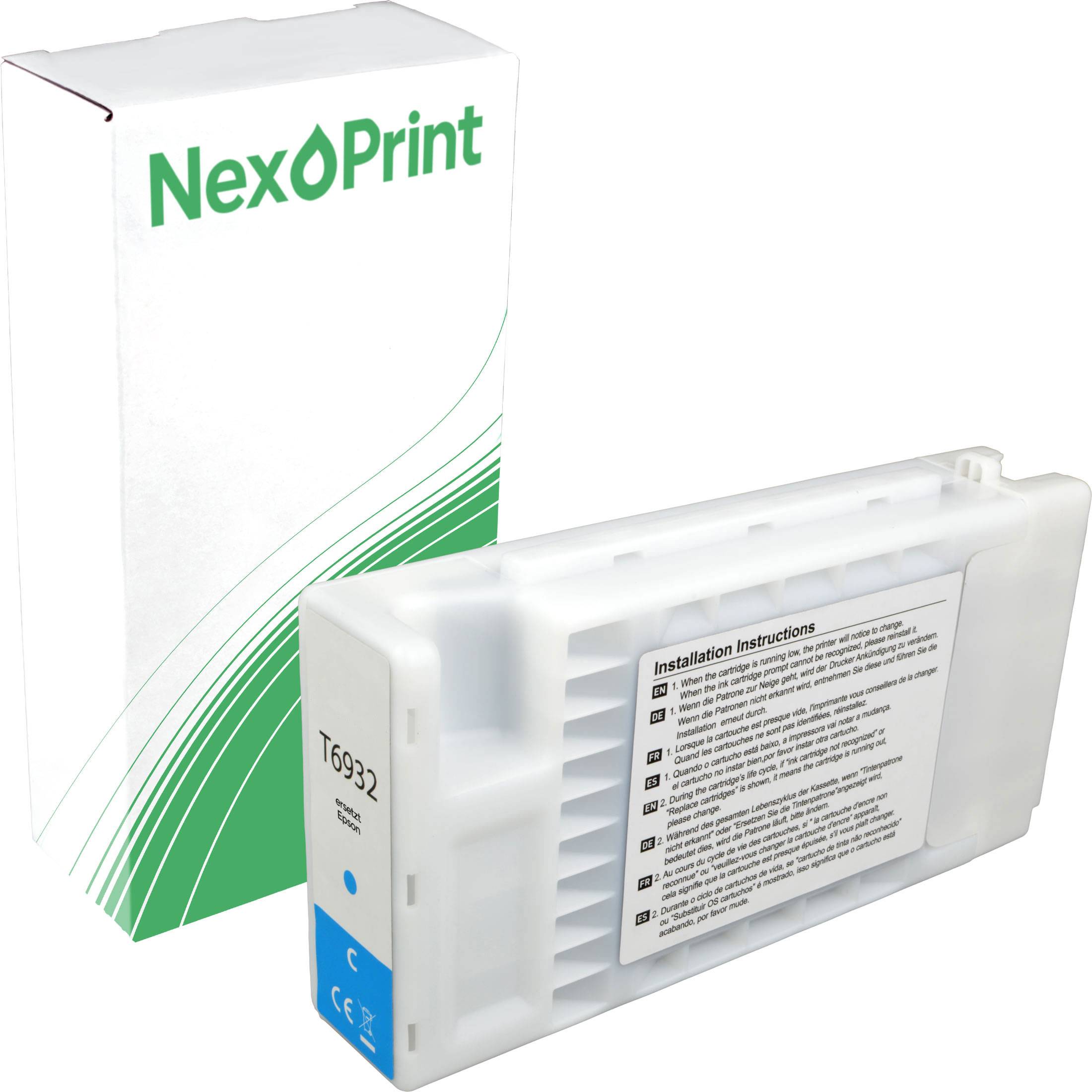 Bild der NexPrint-Tintenpatrone T6933 mit Installationsanleitung. Die Schachtel ist weiß mit grünem Text und Design.