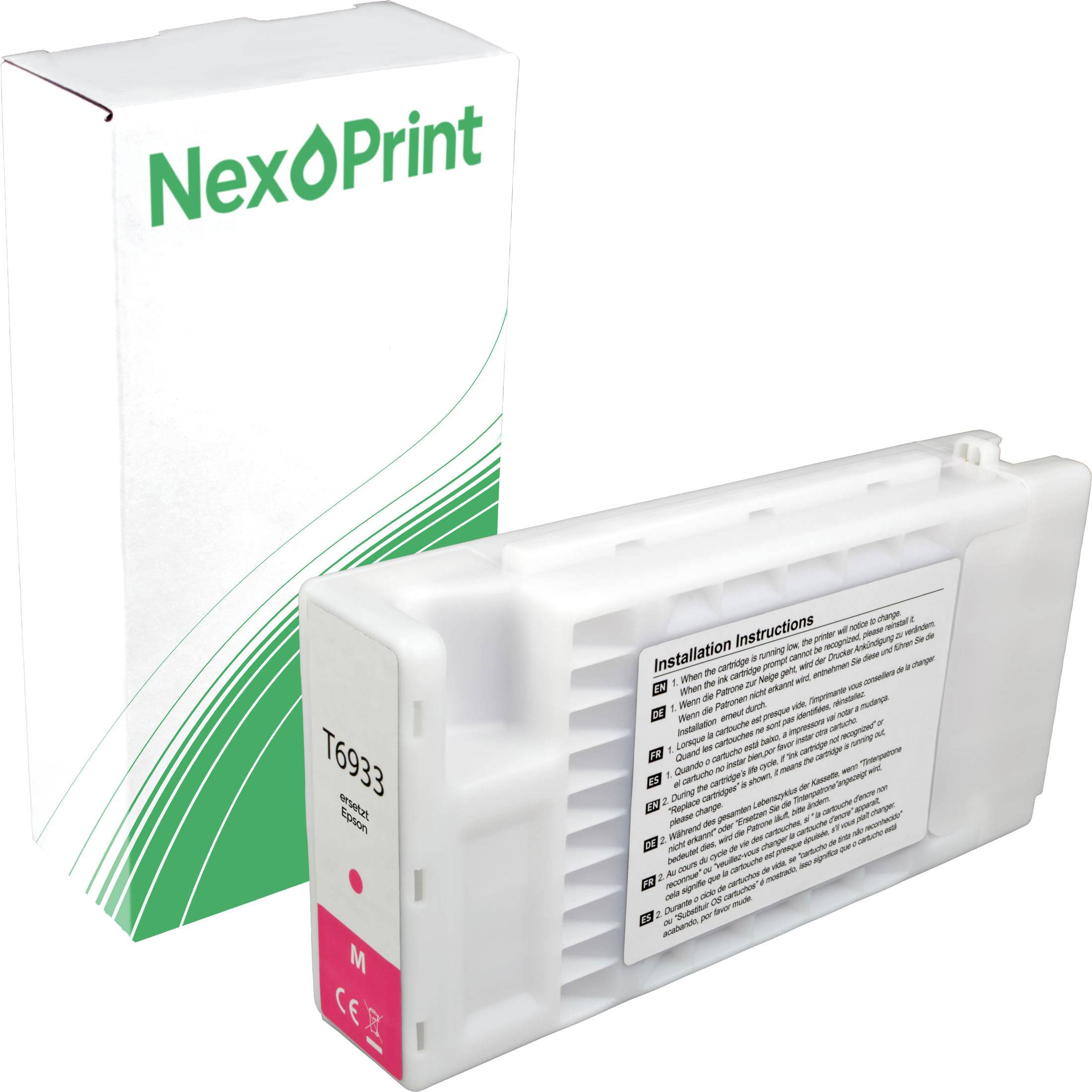 Eine NexPrint-Tintenpatrone mit magentafarbenem Etikett, daneben ihre Verpackungsschachtel. Die Schachtel weist grün-weiße Designelemente auf.