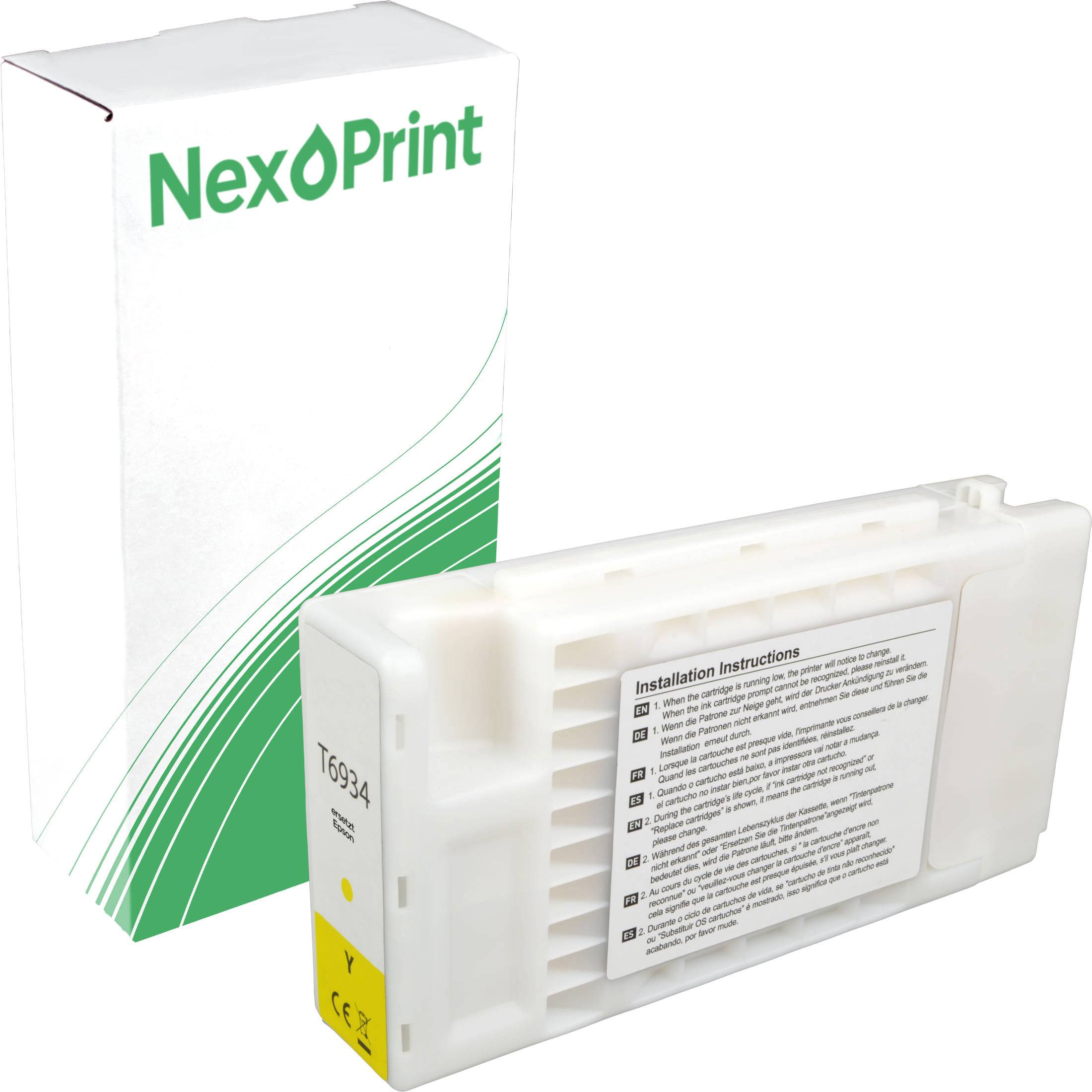 NexPrint' Tintenpatrone mit Installationsanweisungen auf der Seite; weiße Verpackung mit grünen Akzenten.
