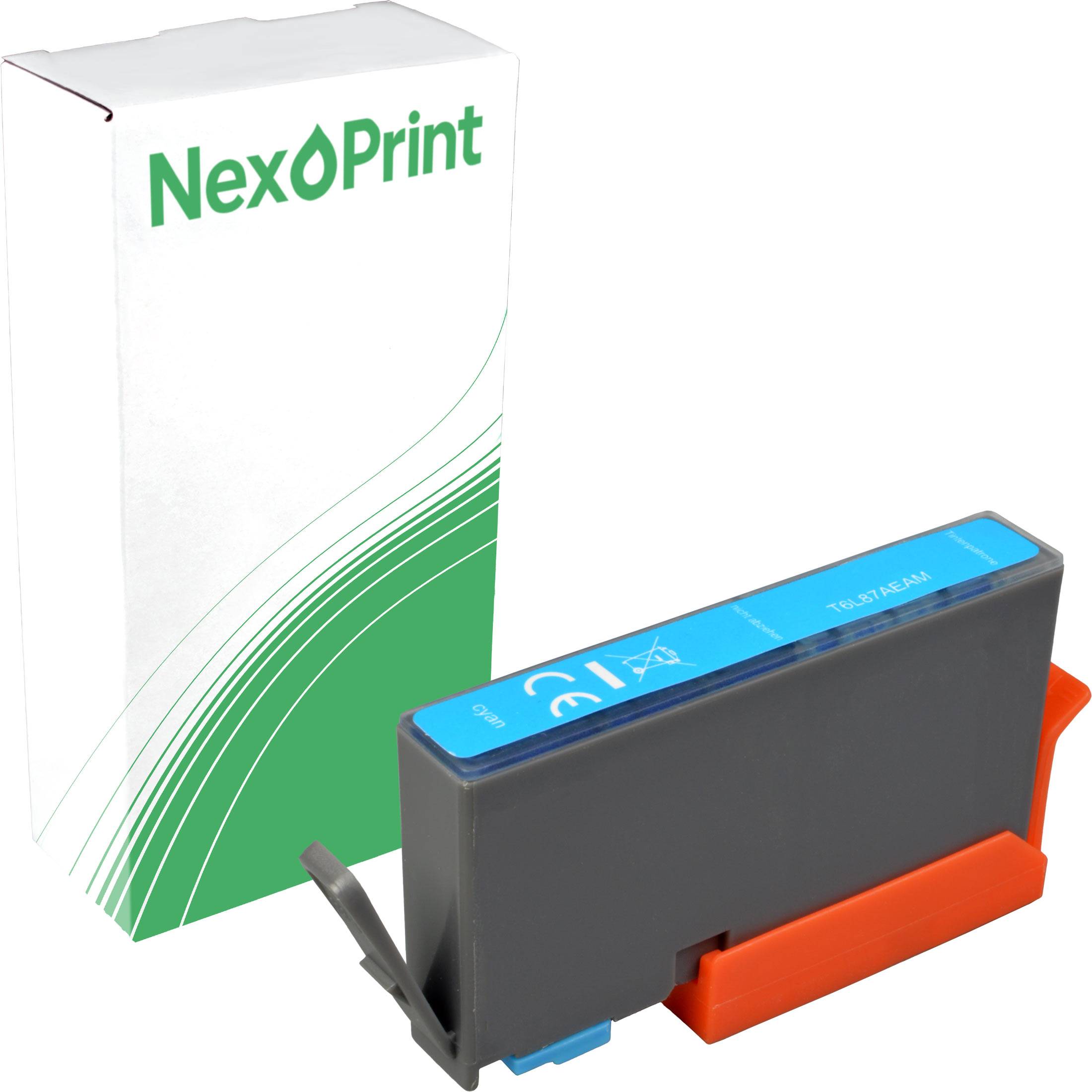 Tintenpatrone neben einer weißen Box mit der Aufschrift 'NexøPrint' und einem grünen Swoosh-Design.