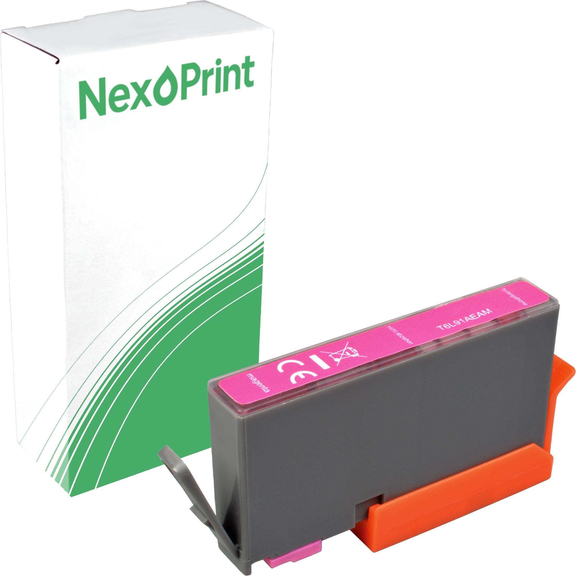 Tintenpatrone und Schachtel mit der Bezeichnung 'NexPrint' in Rosa.