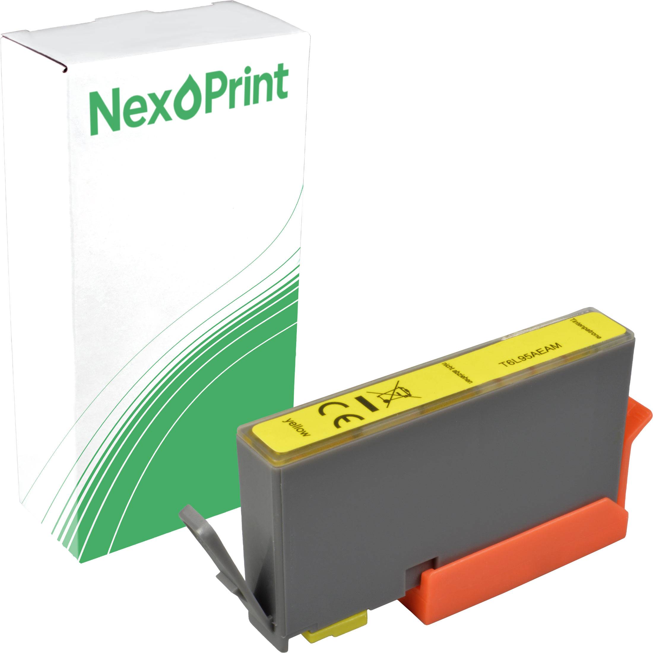 Eine 'NexPrint' Marken-Tintenpatrone wird vor ihrer Verpackungsschachtel präsentiert, die schwarze und orangefarbene Akzente aufweist.