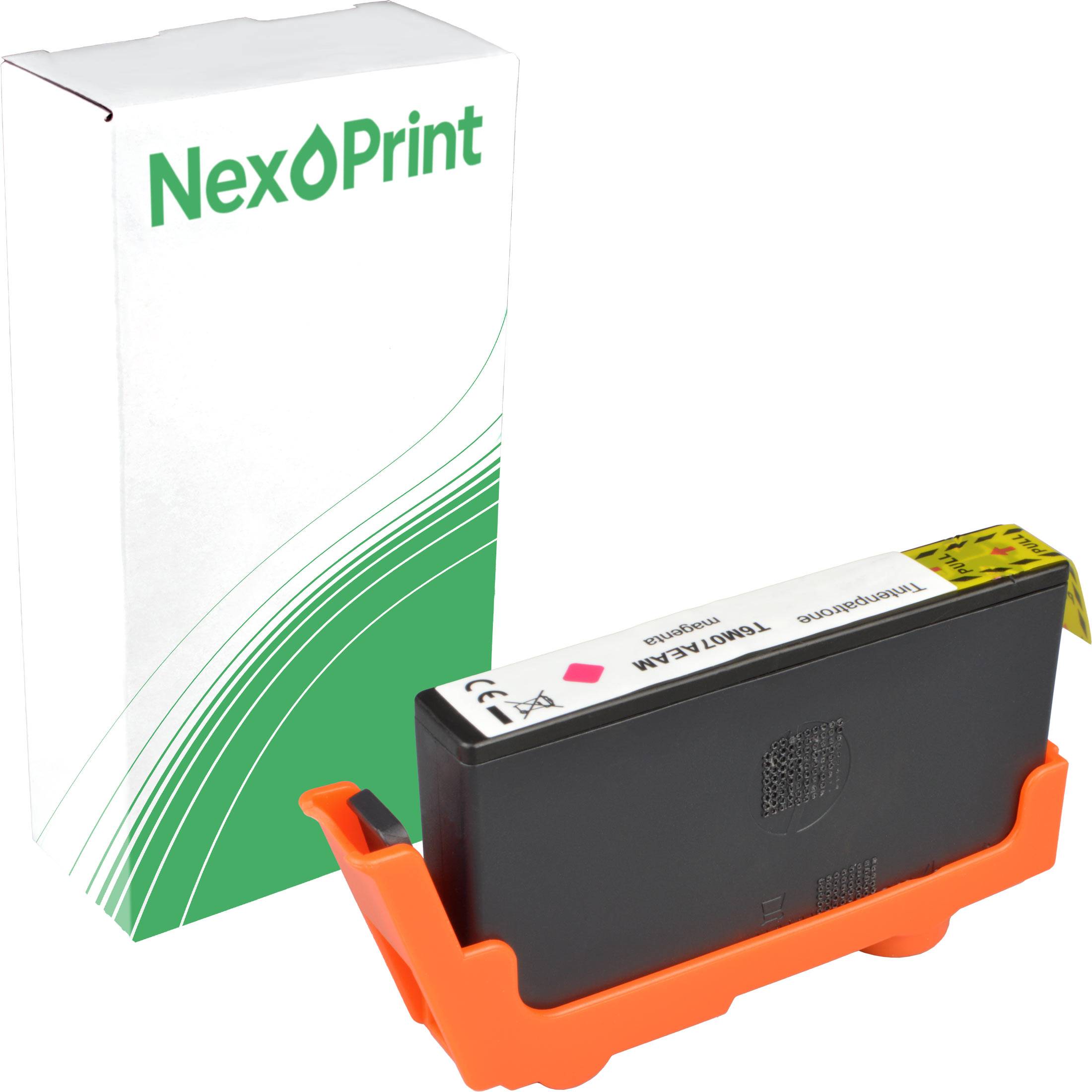 Eine schwarze Tintenkartusche mit orangefarbener Basis, beschriftet mit 'Toner-A210', neben einer weißen Box mit grünem Wellendesign und 'NexPrint' Logo.