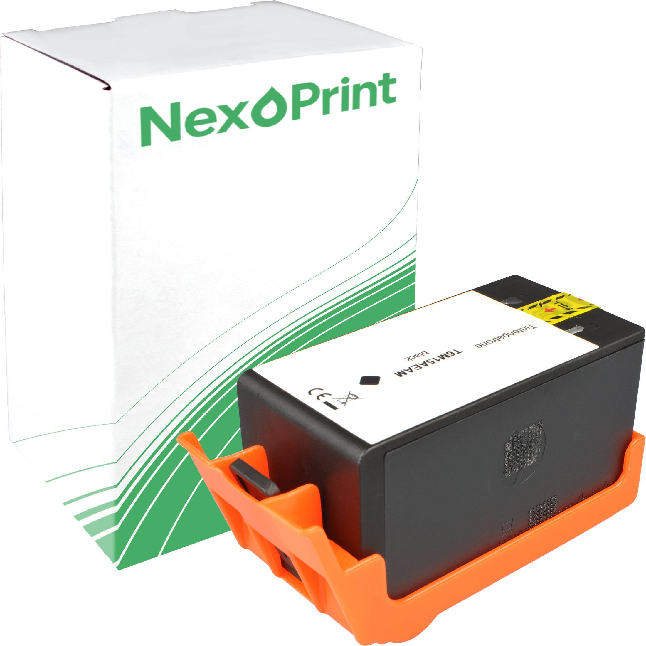 Druckerpatrone mit 'NexPrint' Markendose im Hintergrund, wobei Verpackungs- und Produktdesign hervorgehoben werden.