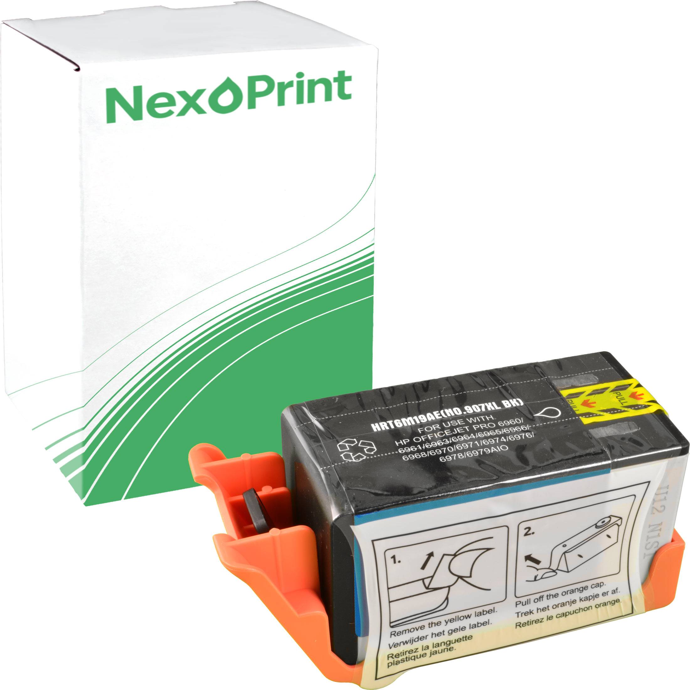 Druckerpatrone in einem schwarzen Schutzgehäuse, versehen mit Installationsanweisungen. Schachtel mit der Aufschrift 