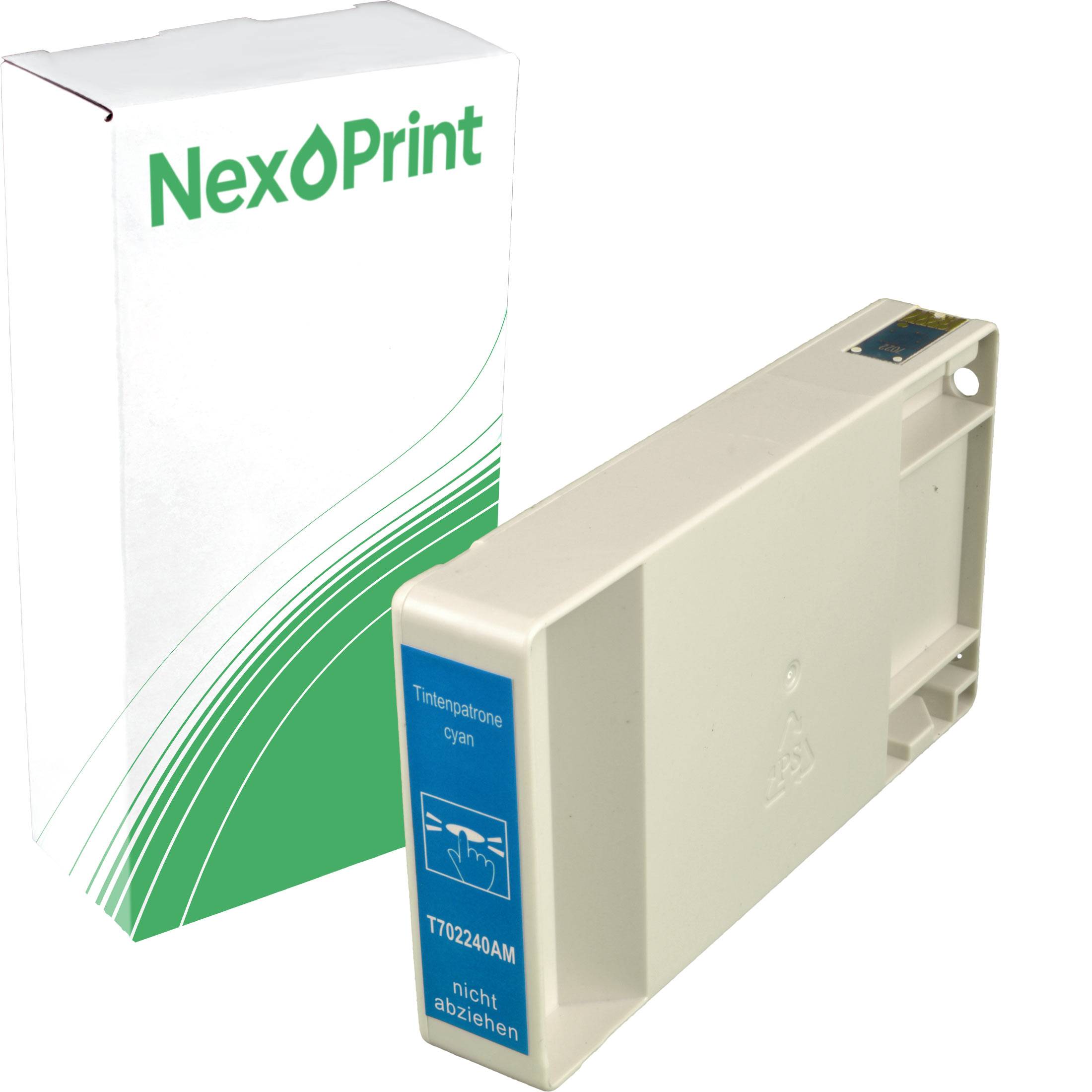 Cyan-Tintenpatrone mit der Beschriftung 'T702240AM' neben der NexPrint-Verpackung, mit grün-weißem Design.