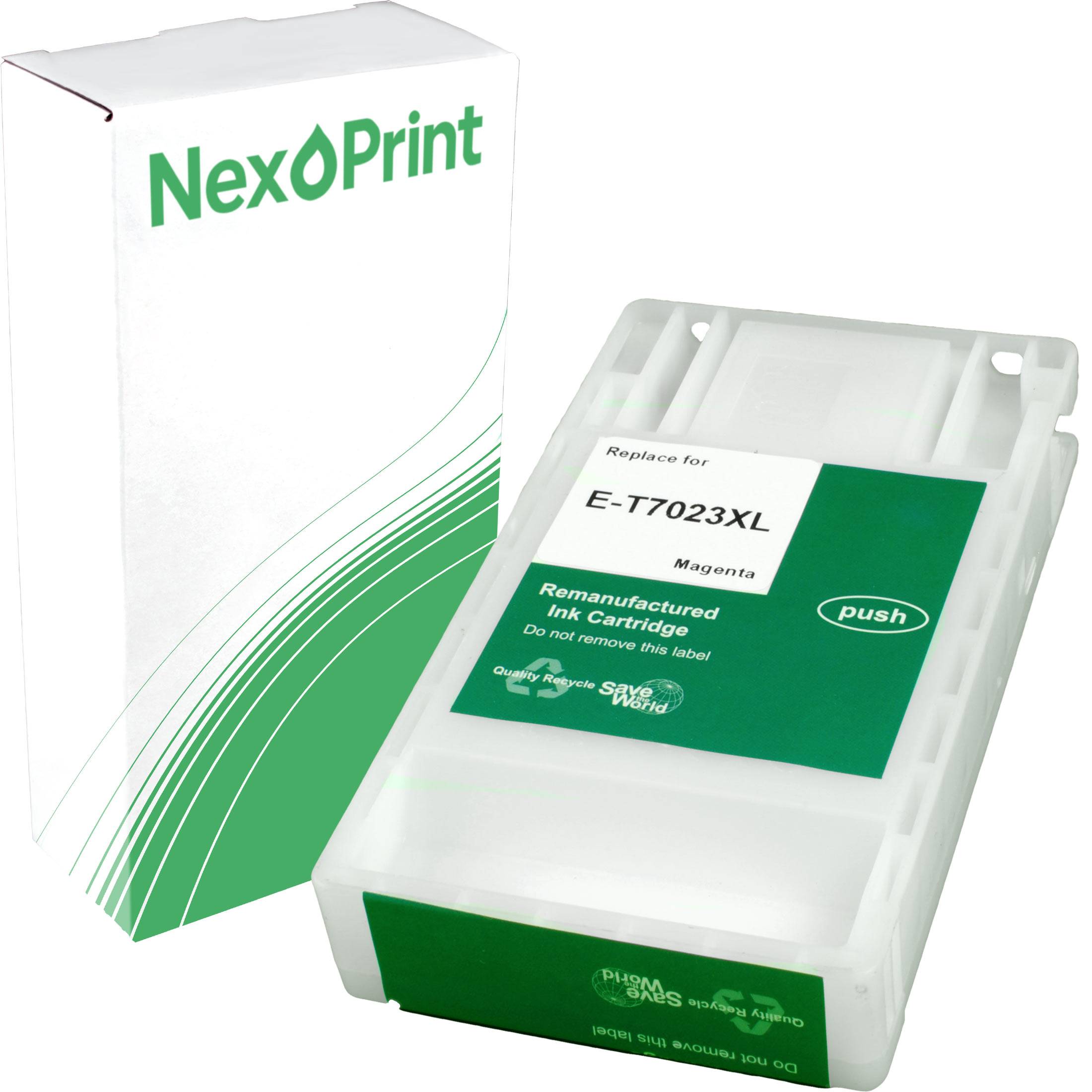 Nachfüllpatrone der Marke 'Nex Print' für Magenta-Tinte, Modell E-T7023XL, präsentiert in Einzelhandelsverpackung mit weißem und grünem Design.