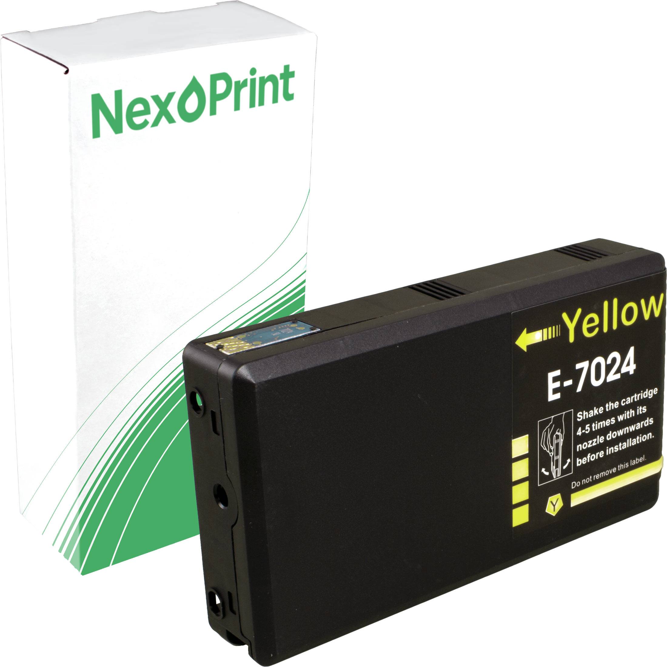 Gelbe E-7024 Tintenpatrone von NexPrint neben ihrer Verpackung.