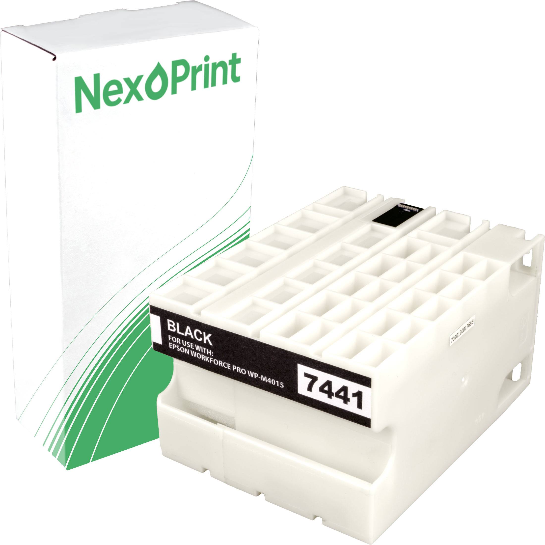 Karton und Patrone mit der Bezeichnung NexPrint 7441, schwarze Tinte für den Epson Workforce Pro WP-M4015 Drucker.
