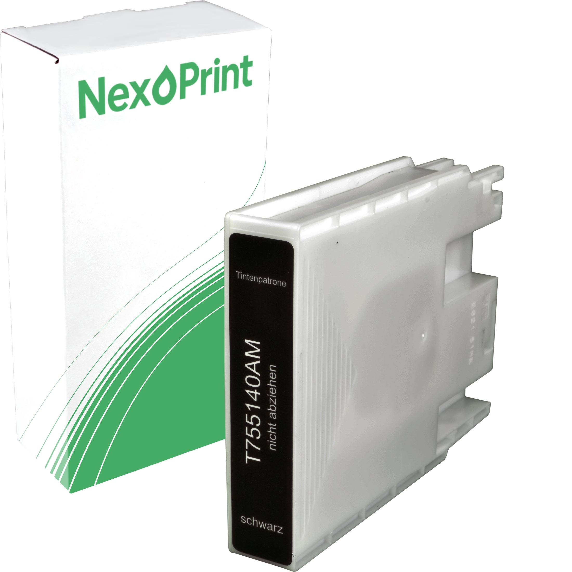 Das Bild zeigt eine Tintenpatrone der Marke NexPrint mit ihrer Verpackung. Die Patrone ist mit 'T55140AM' und 'schwarz' gekennzeichnet, was darauf hinweist, dass es sich um schwarze Tinte handelt.