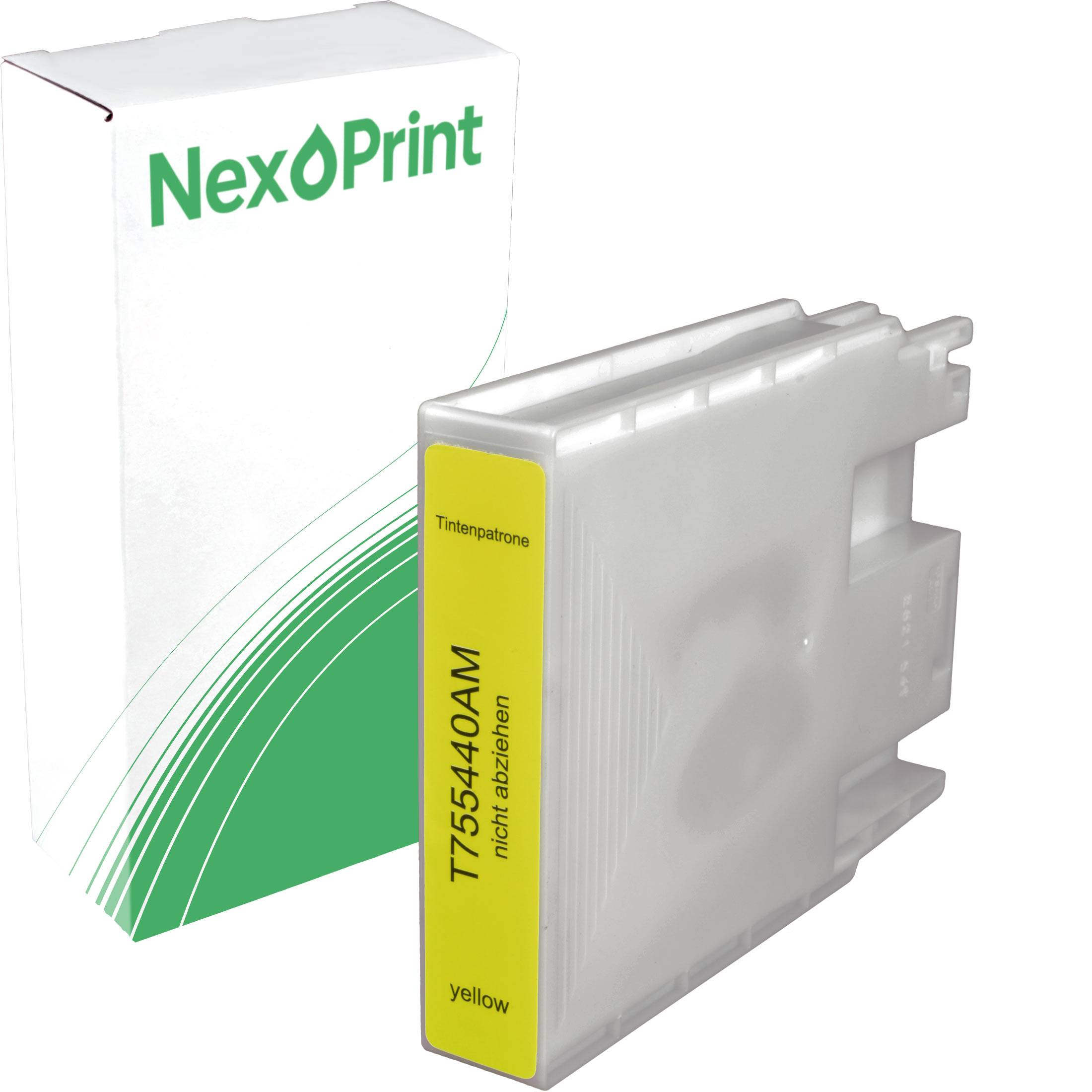 Tintenpatrone mit gelbem Etikett, markiert mit 'T75440AM', neben weißer Schachtel mit Aufschrift 'NexPrint'.