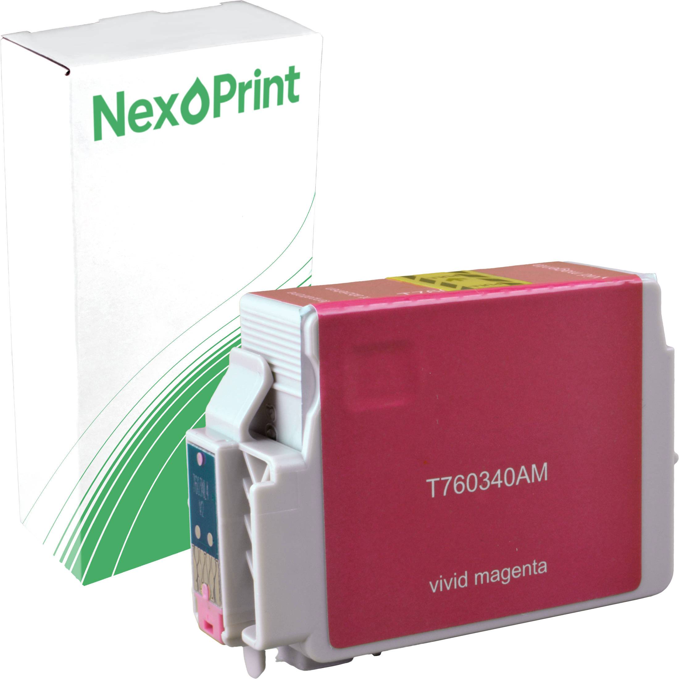 NexPrint lebhafte Magenta-Tintenpatrone mit Modell T760340AM vor der Verpackungsschachtel.